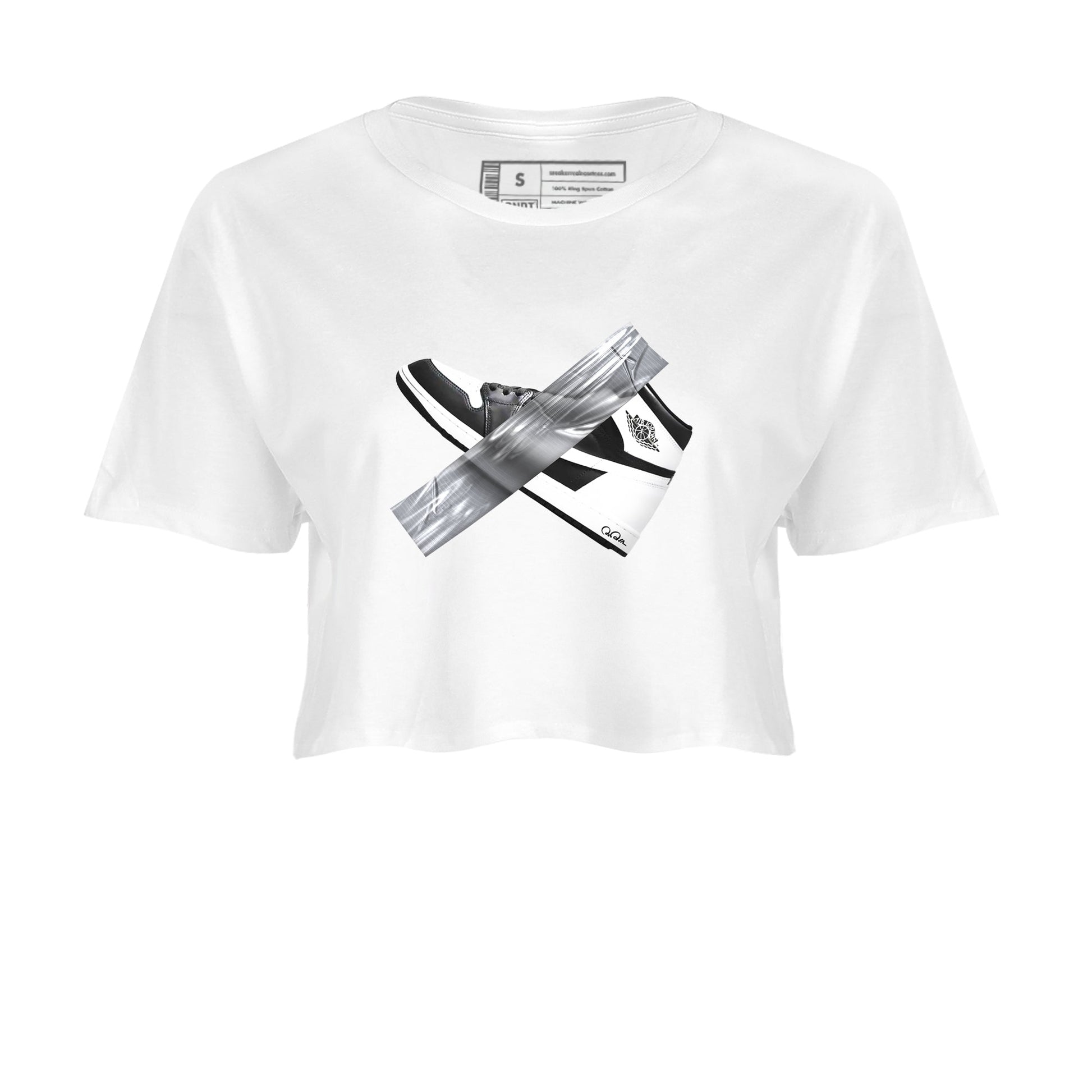 1s Black White shirt to match jordans Duct Tape sneaker tees Air Jordan 1 High OG Black White SNRT Sneaker Release Tees White 2 crop length shirt