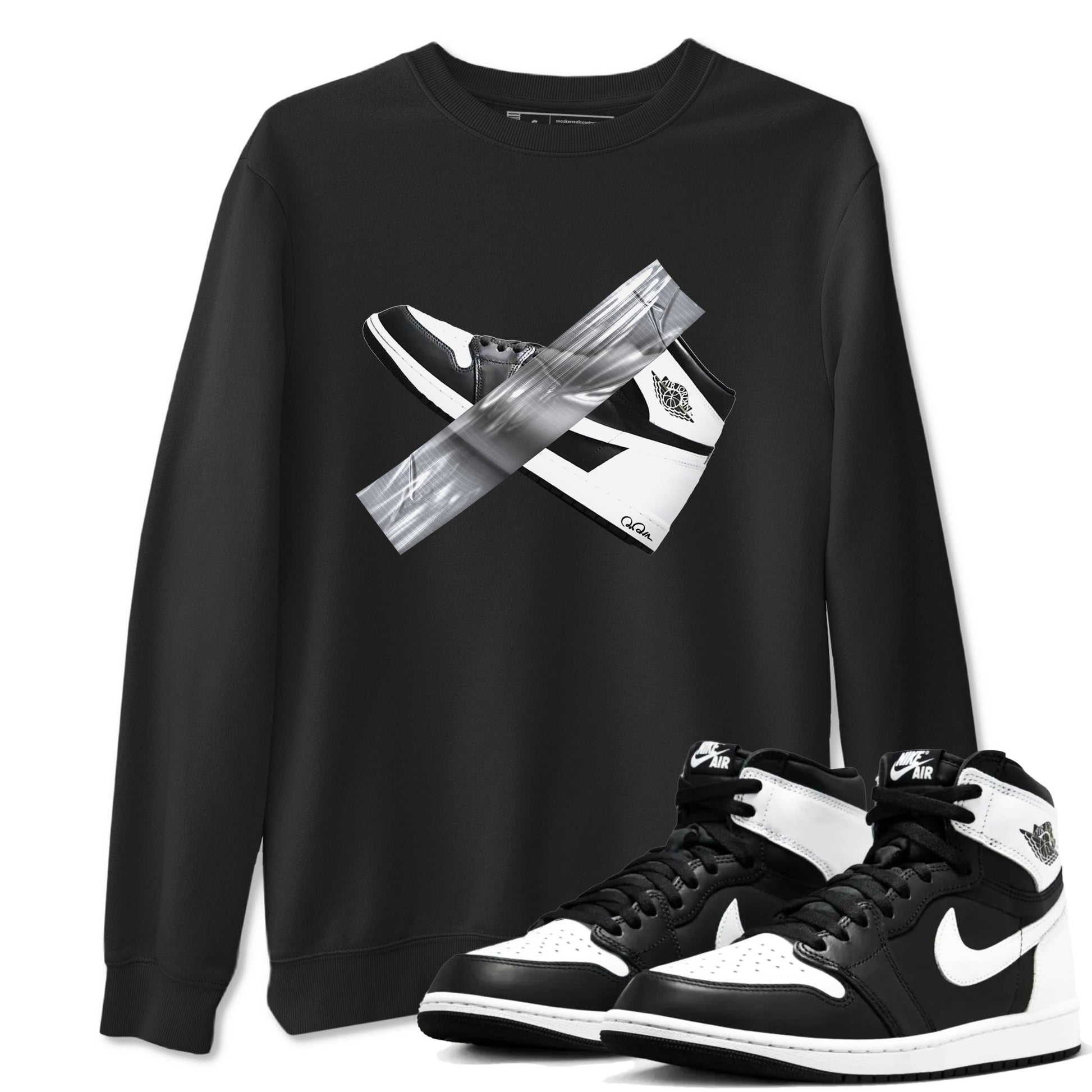 1s Black White shirt to match jordans Duct Tape sneaker tees Air Jordan 1 High OG Black White SNRT Sneaker Release Tees unisex cotton Black 1 crew neck shirt