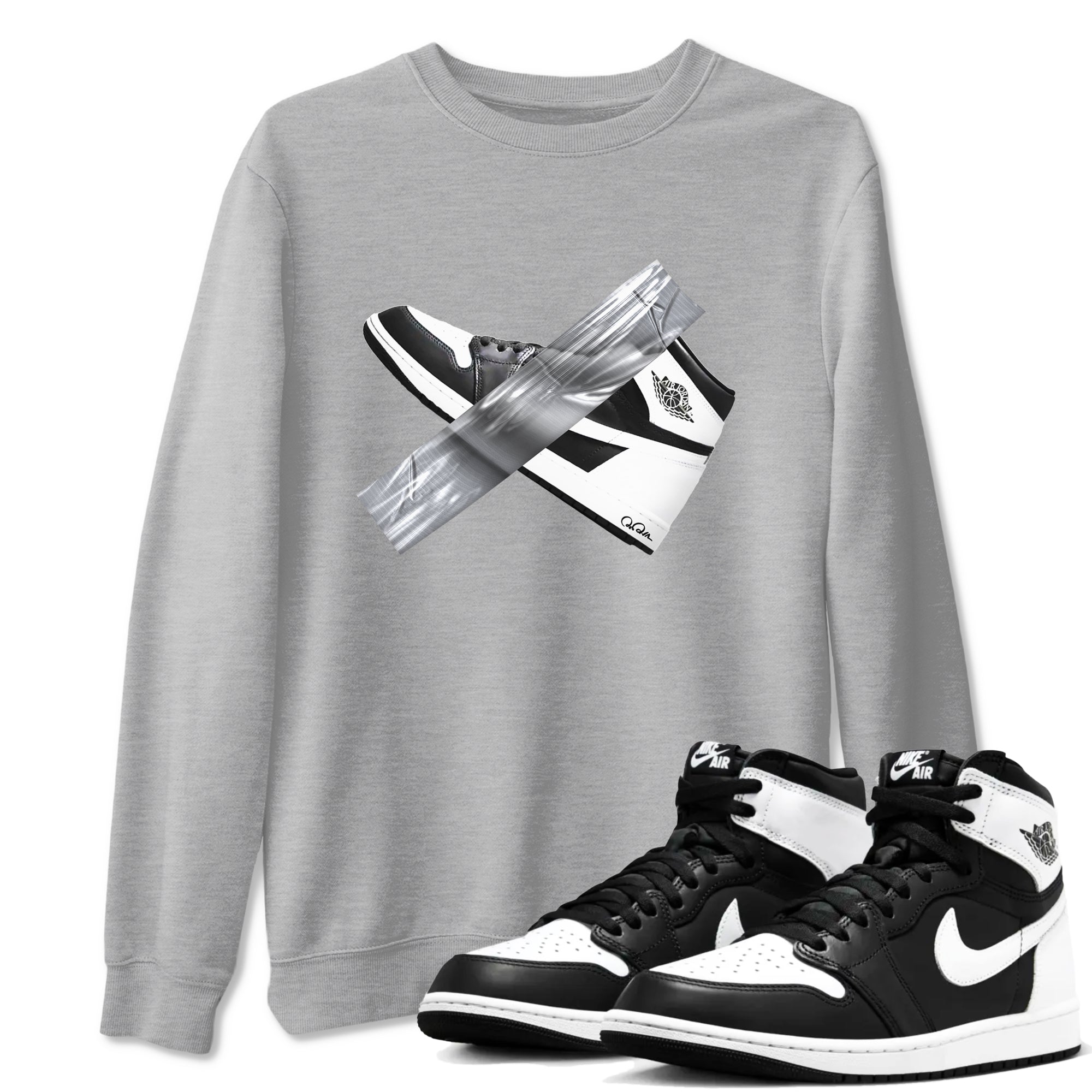 1s Black White shirt to match jordans Duct Tape sneaker tees Air Jordan 1 High OG Black White SNRT Sneaker Release Tees unisex cotton Heather Grey 1 crew neck shirt