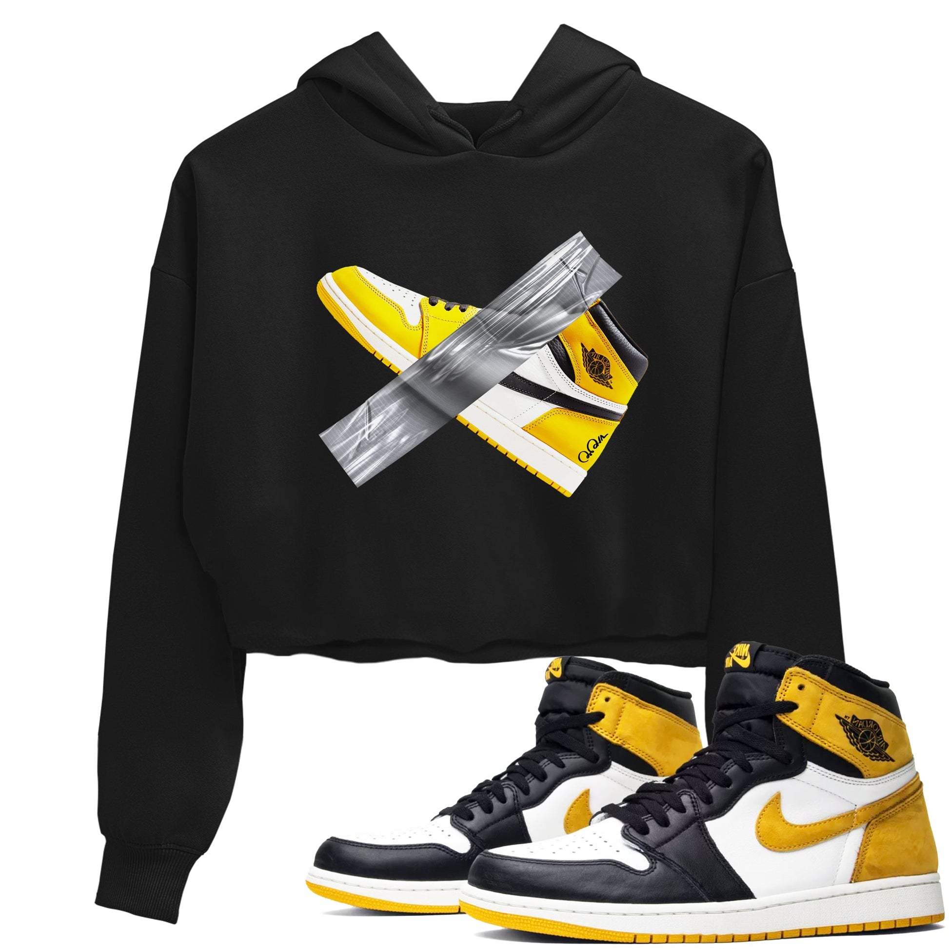 Air Jordan 1 Yellow Ochre shirt to match jordans Duct Tape sneaker tees AJ1 Yellow Ochre SNRT Sneaker Release Tees Black 1 crop length shirt