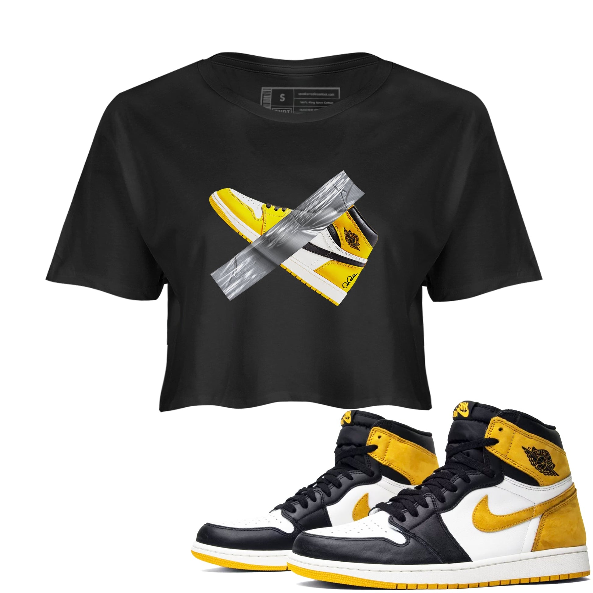 Air Jordan 1 Yellow Ochre shirt to match jordans Duct Tape sneaker tees AJ1 Yellow Ochre SNRT Sneaker Release Tees Black 1 crop length shirt