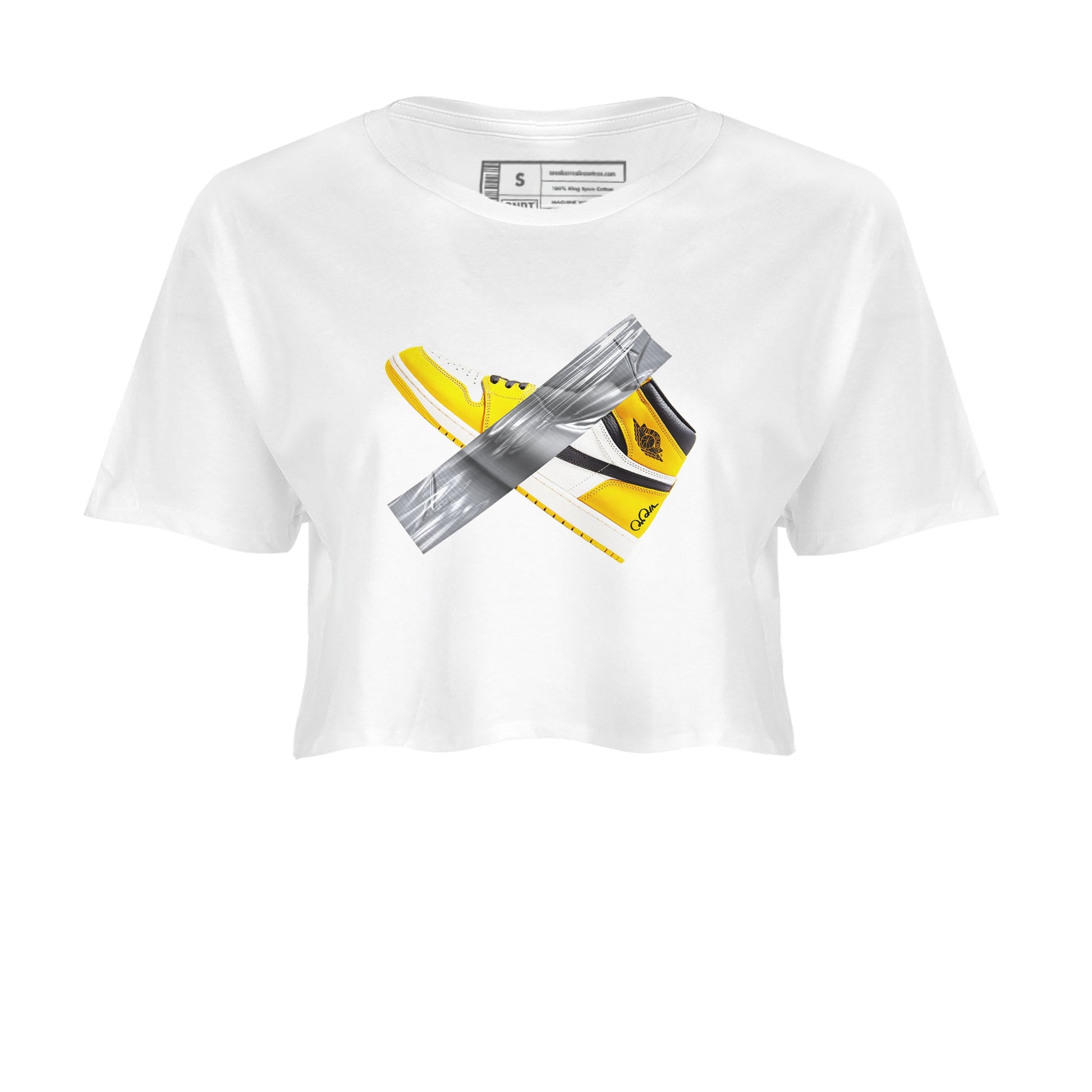 Air Jordan 1 Yellow Ochre shirt to match jordans Duct Tape sneaker tees AJ1 Yellow Ochre SNRT Sneaker Release Tees White 2 crop length shirt