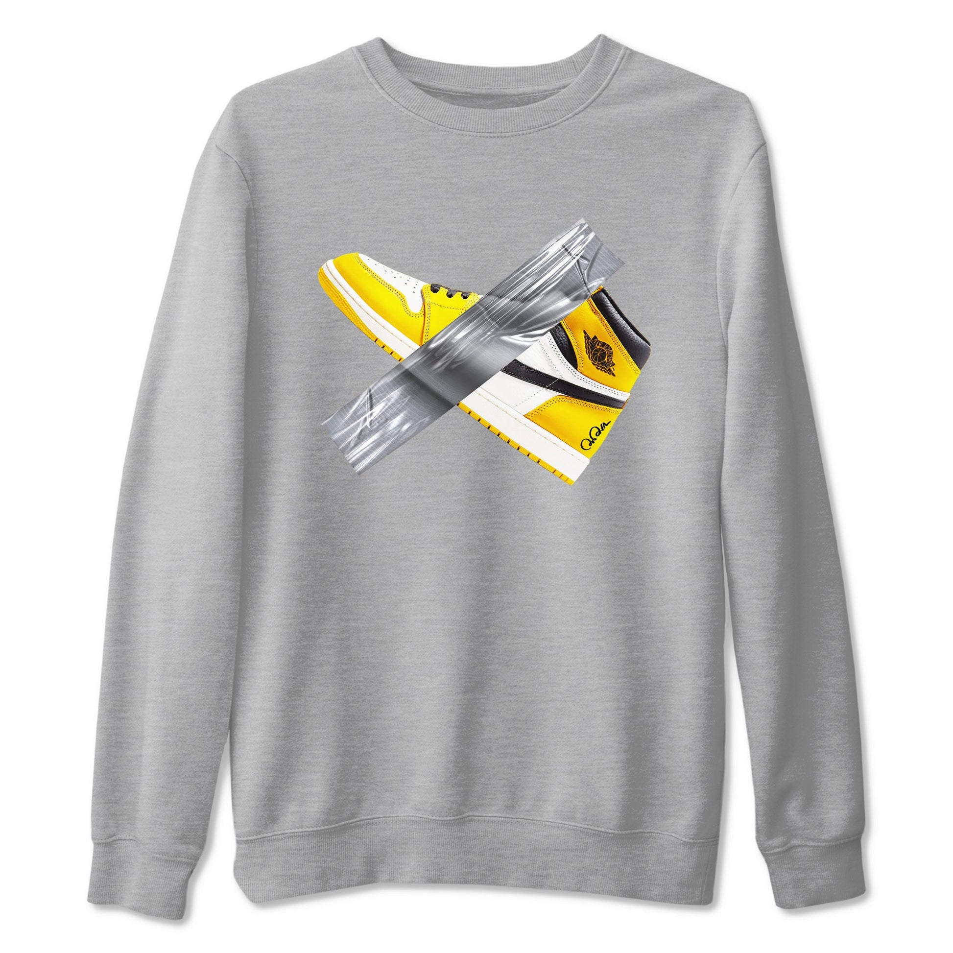 Air Jordan 1 Yellow Ochre shirt to match jordans Duct Tape sneaker tees AJ1 Yellow Ochre SNRT Sneaker Release Tees unisex cotton Heather Grey 2 crew neck shirt