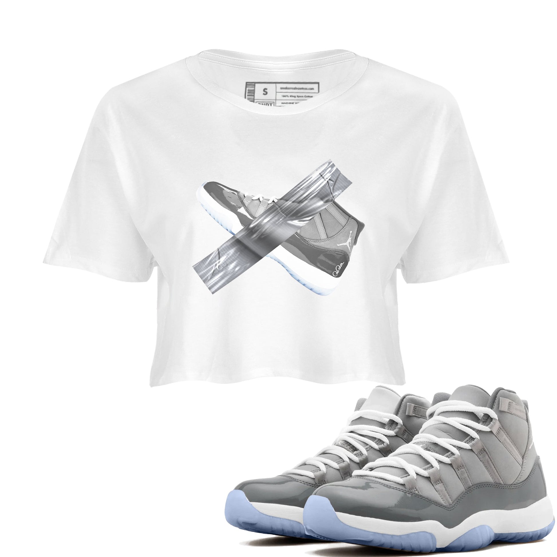 Air Jordan 11 Cool Grey shirt to match jordans Duct Tape sneaker tees AJ11 Cool Grey SNRT Sneaker Release Tees White 1 crop length shirt