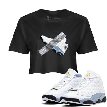 Air Jordan 13 Blue Grey shirt to match jordans Duct Tape sneaker tees AJ13 Blue Grey SNRT Sneaker Release Tees Black 1 crop length shirt