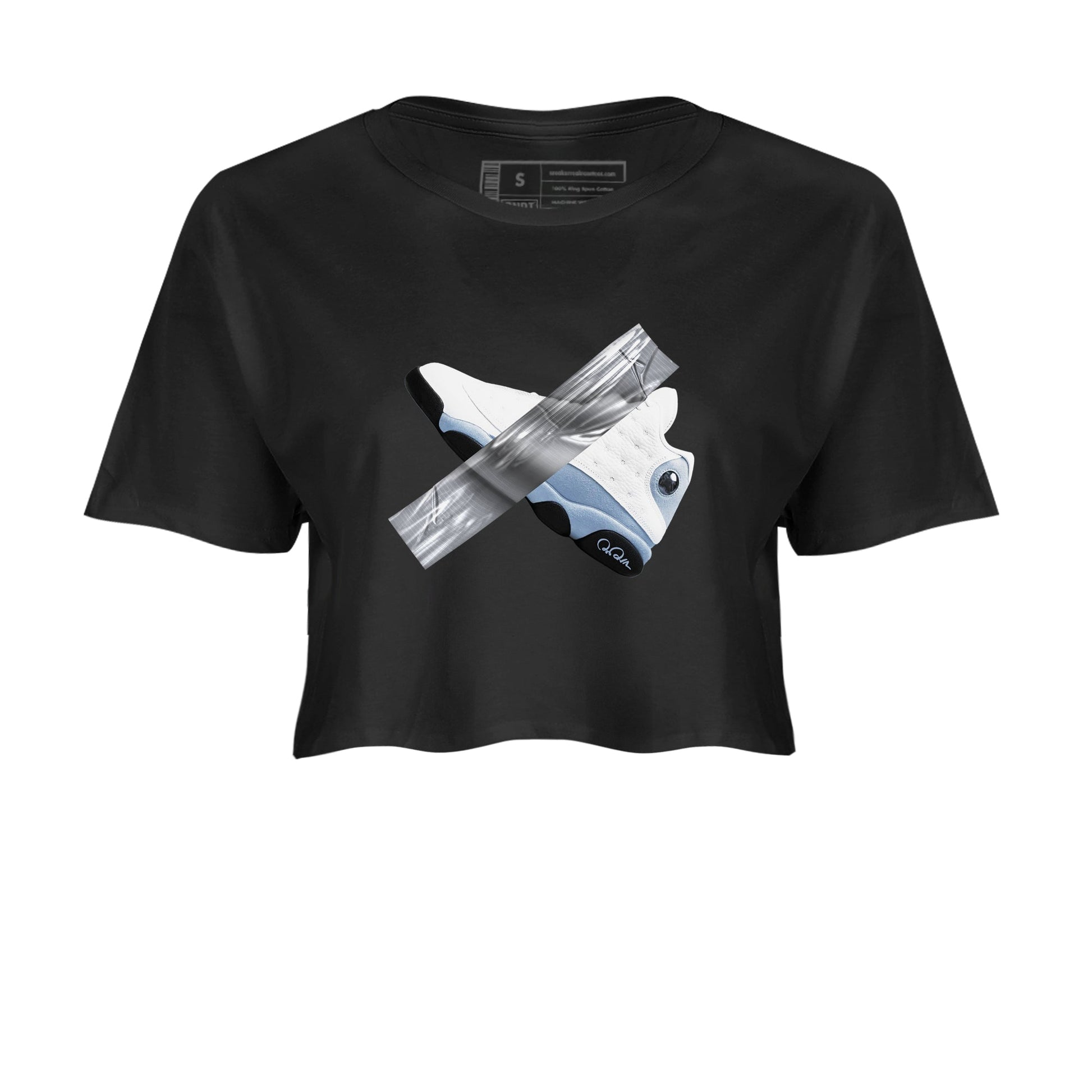 Air Jordan 13 Blue Grey shirt to match jordans Duct Tape sneaker tees AJ13 Blue Grey SNRT Sneaker Release Tees Black 2 crop length shirt