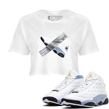 Air Jordan 13 Blue Grey shirt to match jordans Duct Tape sneaker tees AJ13 Blue Grey SNRT Sneaker Release Tees White 1 crop length shirt