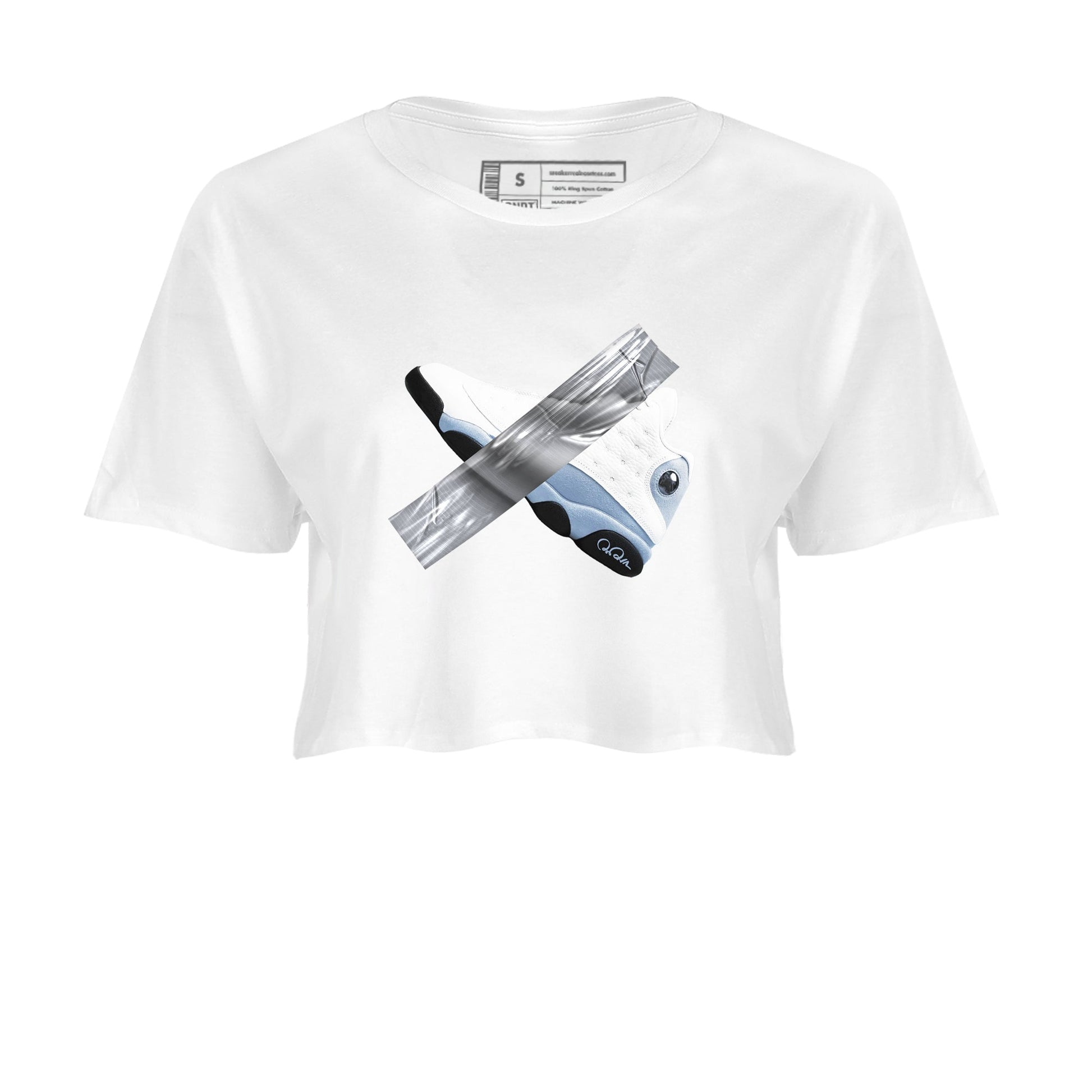 Air Jordan 13 Blue Grey shirt to match jordans Duct Tape sneaker tees AJ13 Blue Grey SNRT Sneaker Release Tees White 2 crop length shirt
