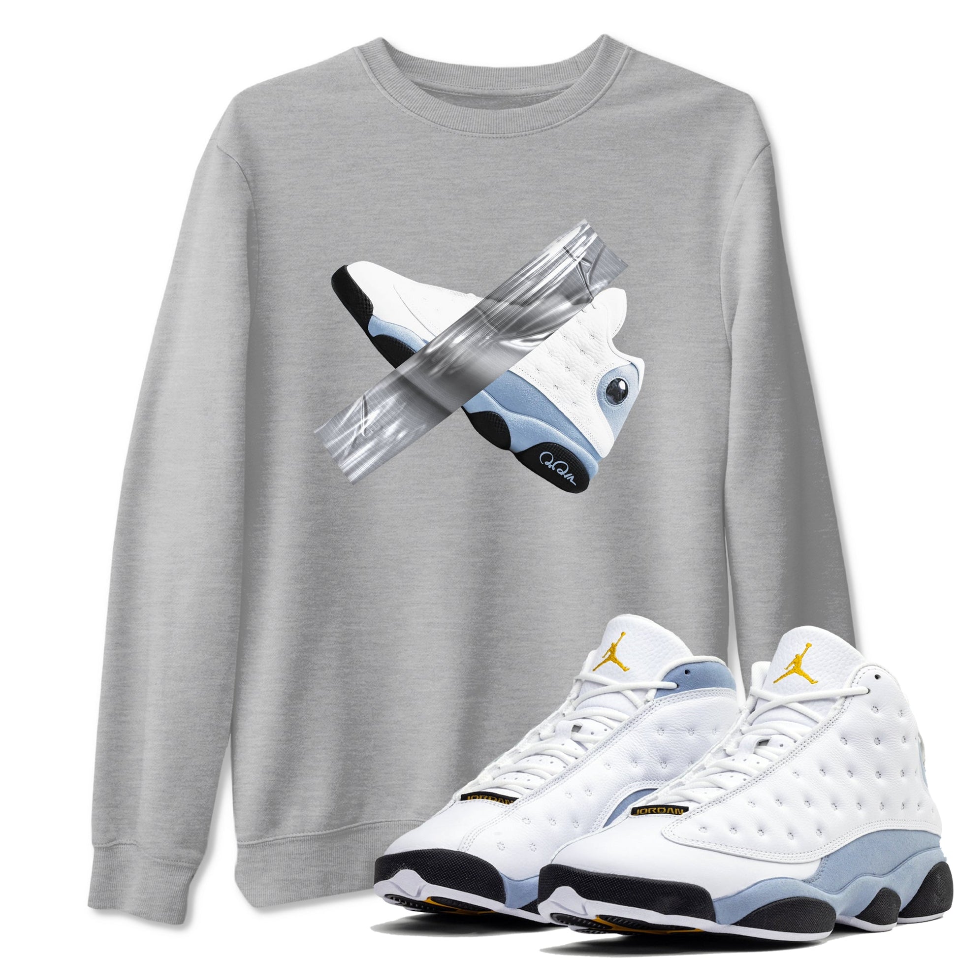 Air Jordan 13 Blue Grey shirt to match jordans Duct Tape sneaker tees AJ13 Blue Grey SNRT Sneaker Release Tees unisex cotton Heather Grey 1 crew neck shirt