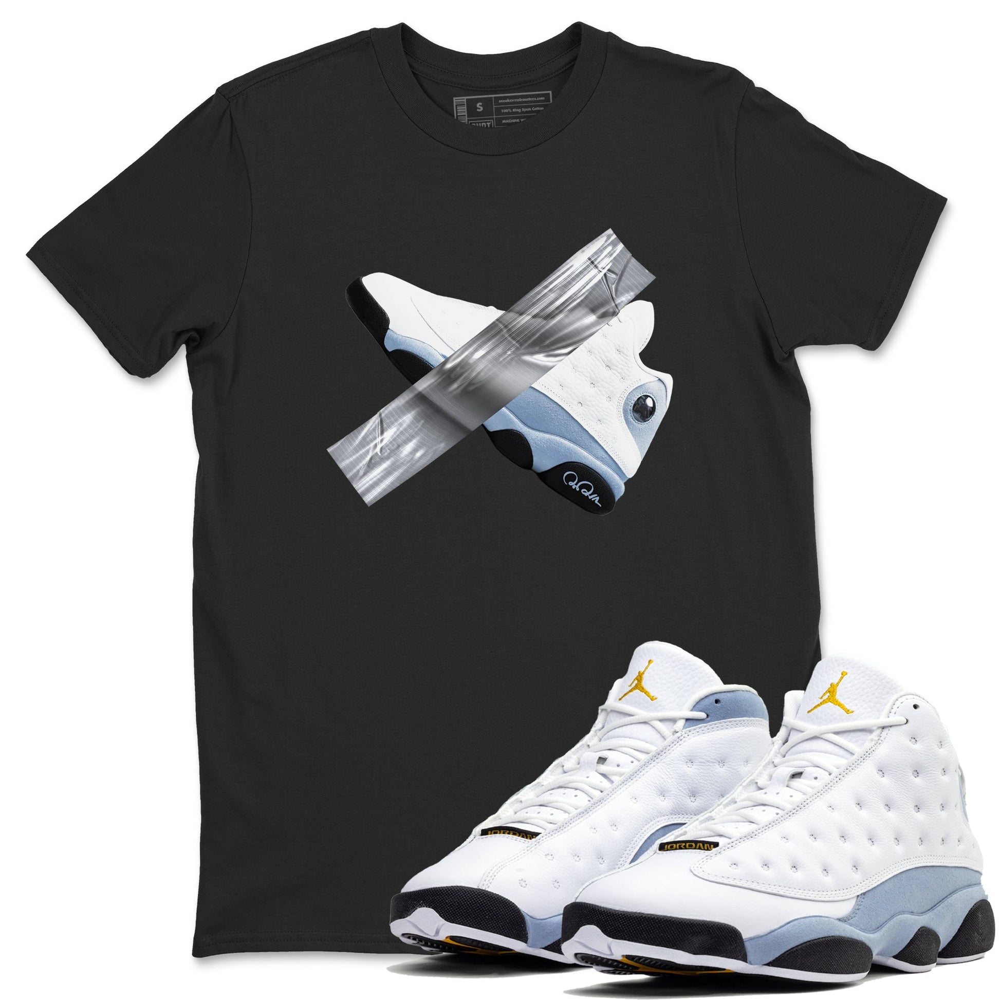 Air Jordan 13 Blue Grey shirt to match jordans Duct Tape sneaker tees AJ13 Blue Grey SNRT Sneaker Release Tees unisex cotton Black 1 crew neck shirt