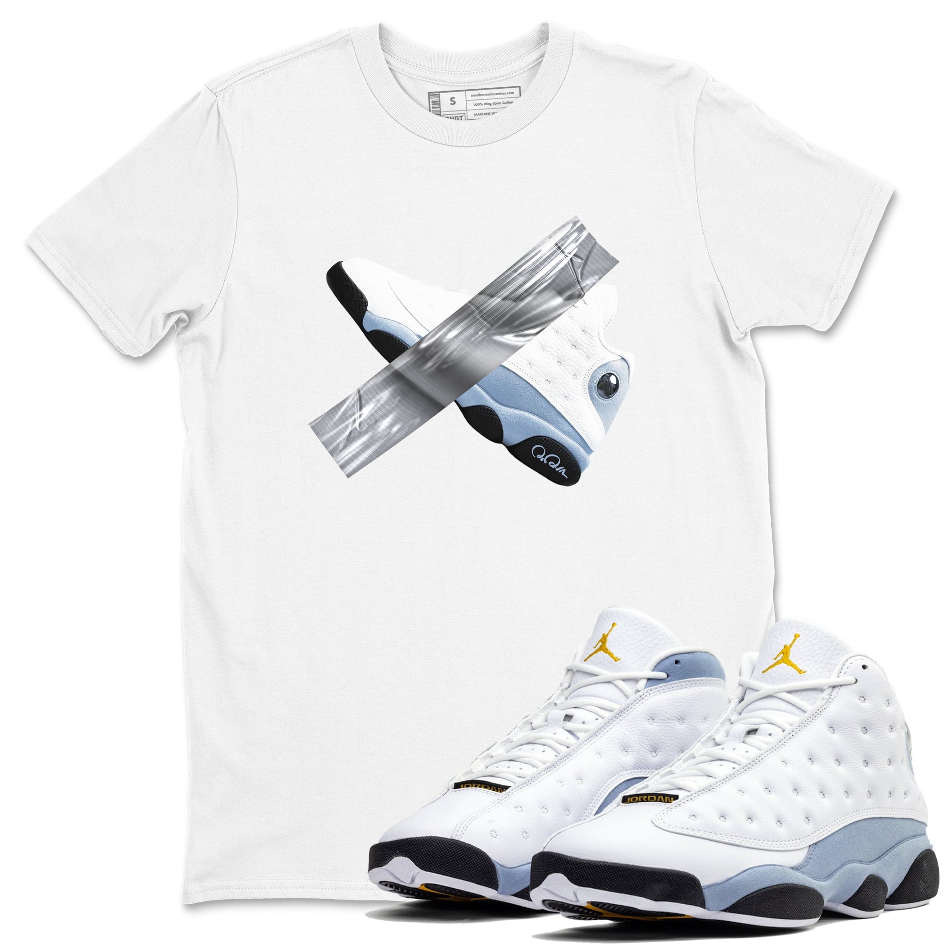 Air Jordan 13 Blue Grey shirt to match jordans Duct Tape sneaker tees AJ13 Blue Grey SNRT Sneaker Release Tees unisex cotton White 1 crew neck shirt