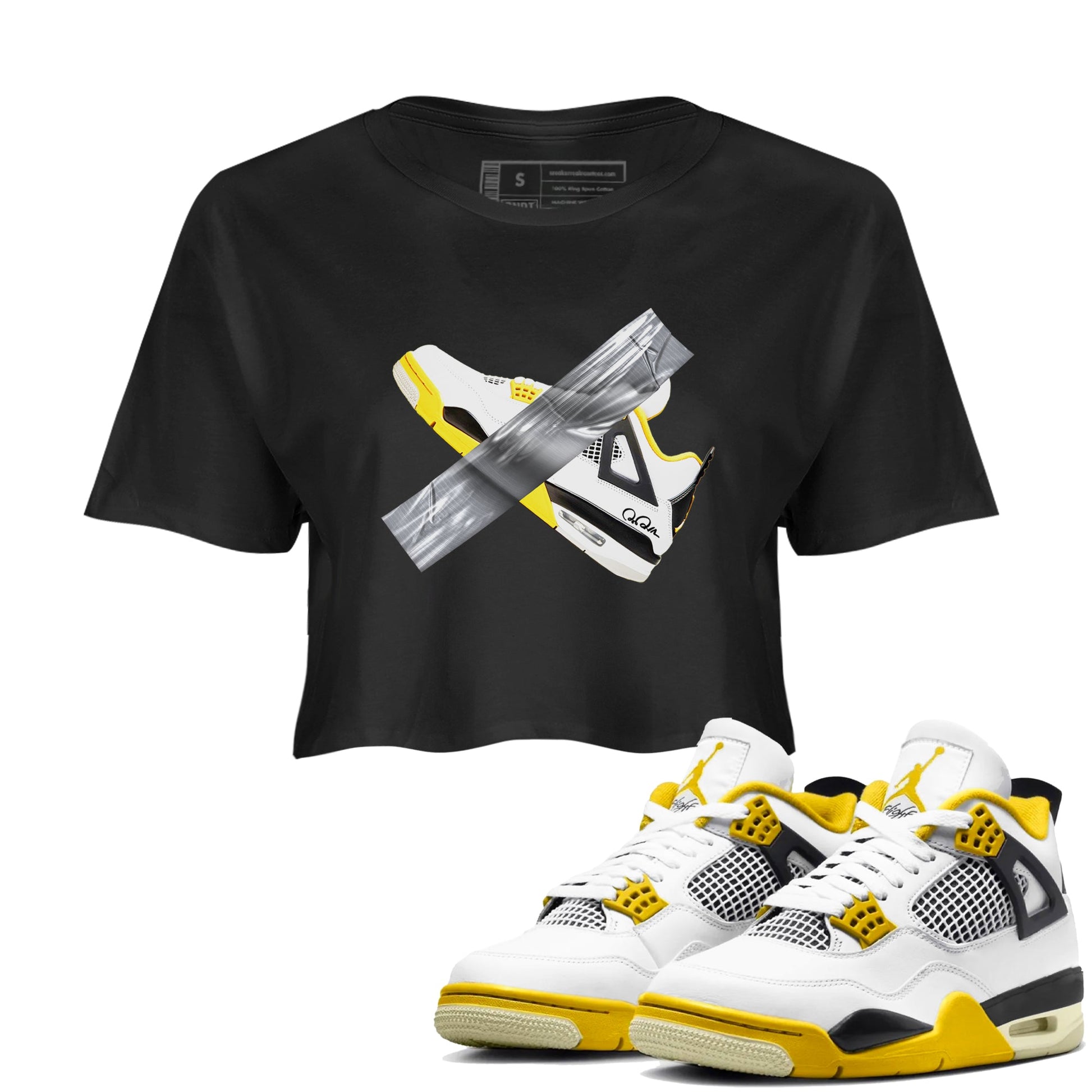 AJ4 Vivid Sulfur shirt to match jordans Duct Tape sneaker tees Air Jordan 4 Vivid Sulfur SNRT Sneaker Release Tees Black 1 crop length shirt