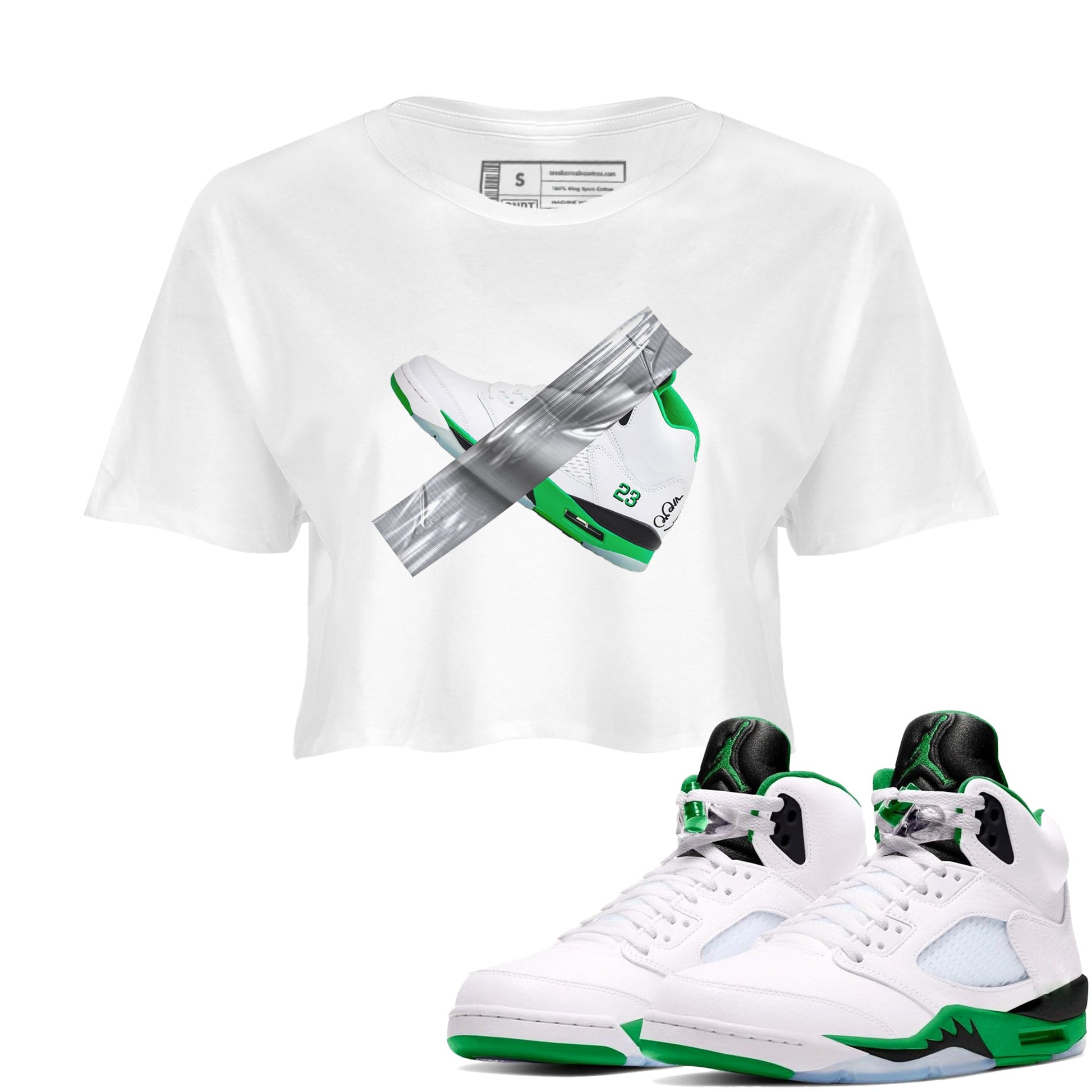 Air Jordan 5 Lucky Green shirt to match jordans Duct Tape sneaker tees AJ5 Lucky Green SNRT Sneaker Release Tees White 1 crop length shirt