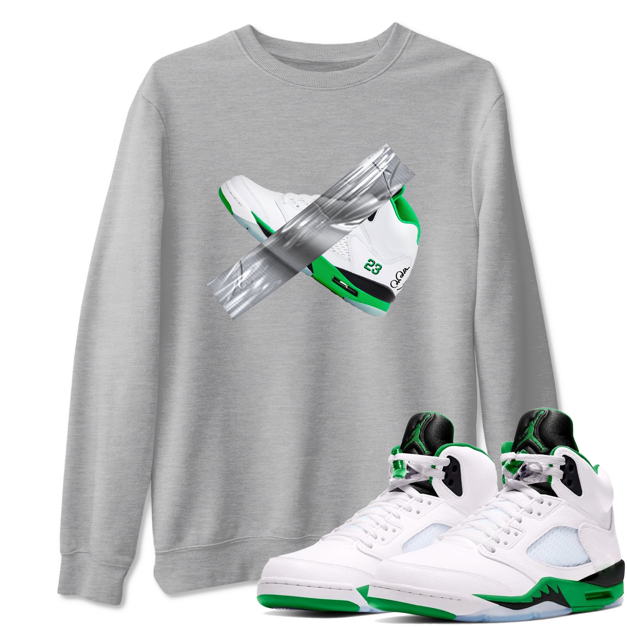 Air Jordan 5 Lucky Green shirt to match jordans Duct Tape sneaker tees AJ5 Lucky Green SNRT Sneaker Release Tees unisex cotton Heather Grey 1 crew neck shirt