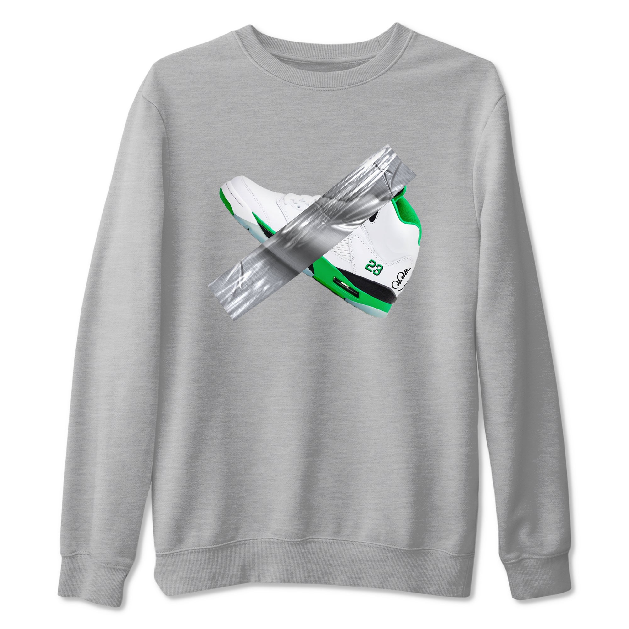 Air Jordan 5 Lucky Green shirt to match jordans Duct Tape sneaker tees AJ5 Lucky Green SNRT Sneaker Release Tees unisex cotton Heather Grey 2 crew neck shirt