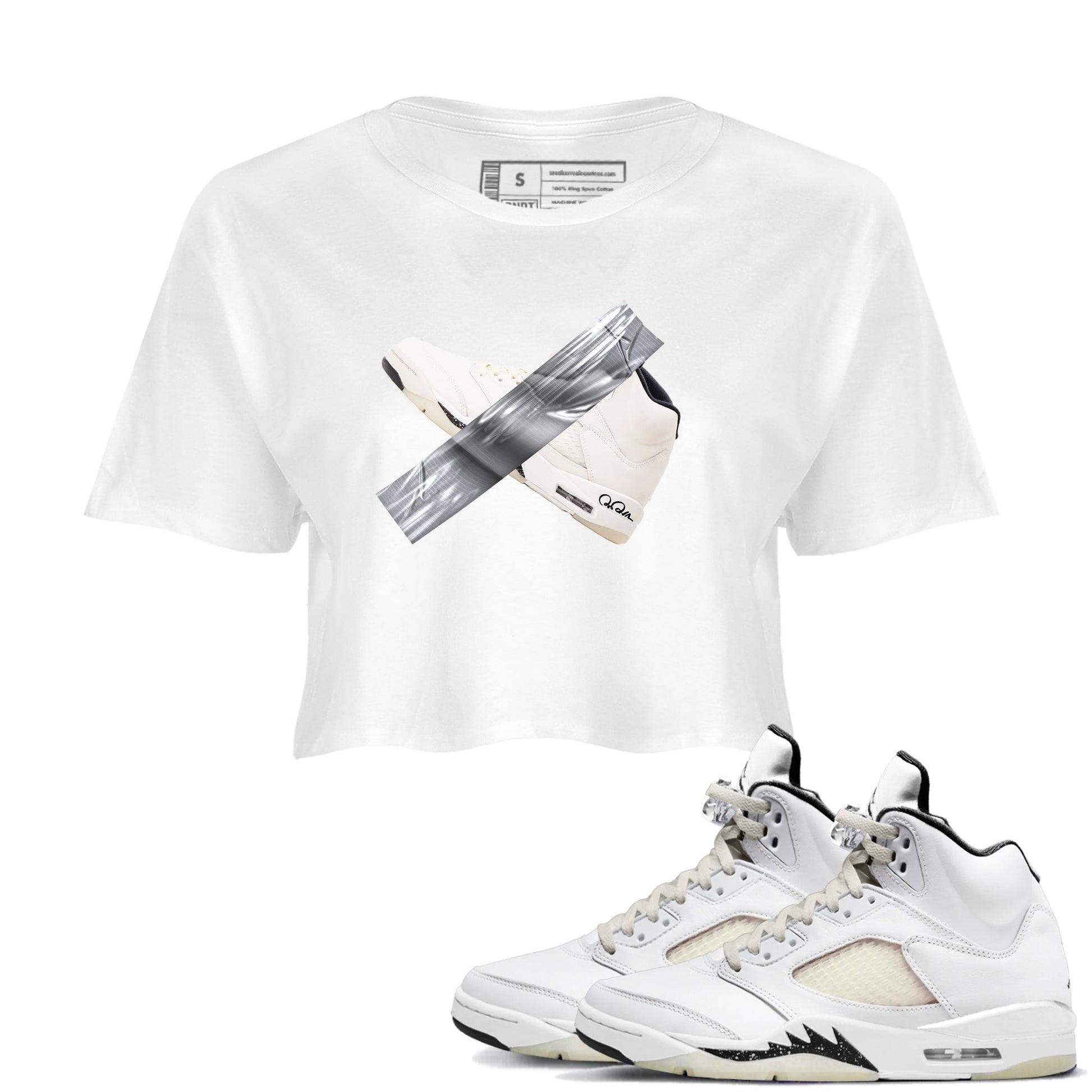 5s Sail shirt to match jordans Duct Tape sneaker tees Air Jordan 5 Sail SNRT Sneaker Release Tees White 1 crop length shirt