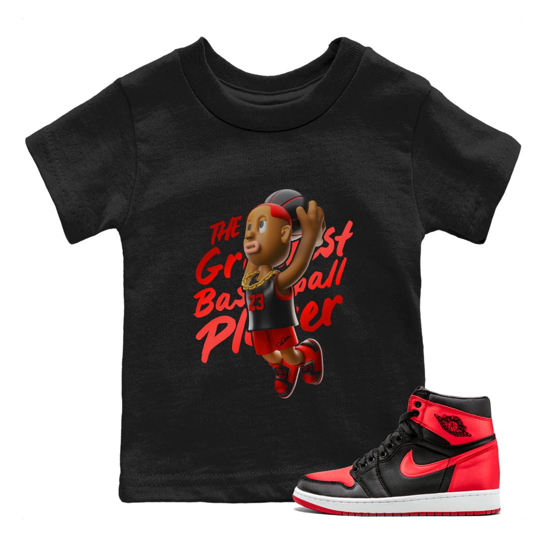 Air Jordan 1 Satin Bred Sneaker Match Tees Dunkshot Boy Sneaker Tees AJ1 Satin Bred Sneaker Release Tees Kids Shirts Black 1