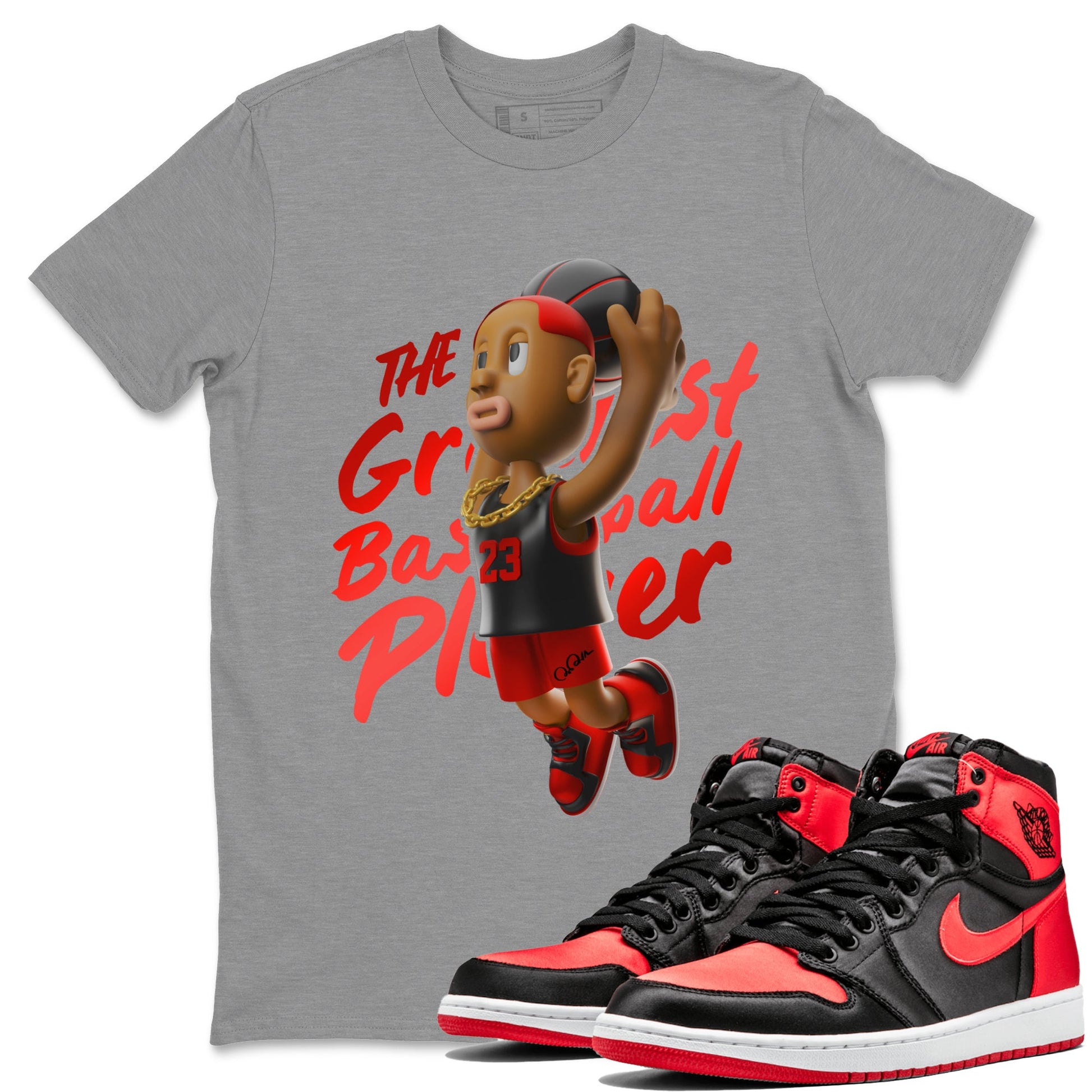 Air Jordan 1 Satin Bred Sneaker Match Tees Dunkshot Boy Sneaker Tees AJ1 Satin Bred Sneaker Release Tees Unisex Shirts Heather Grey 1