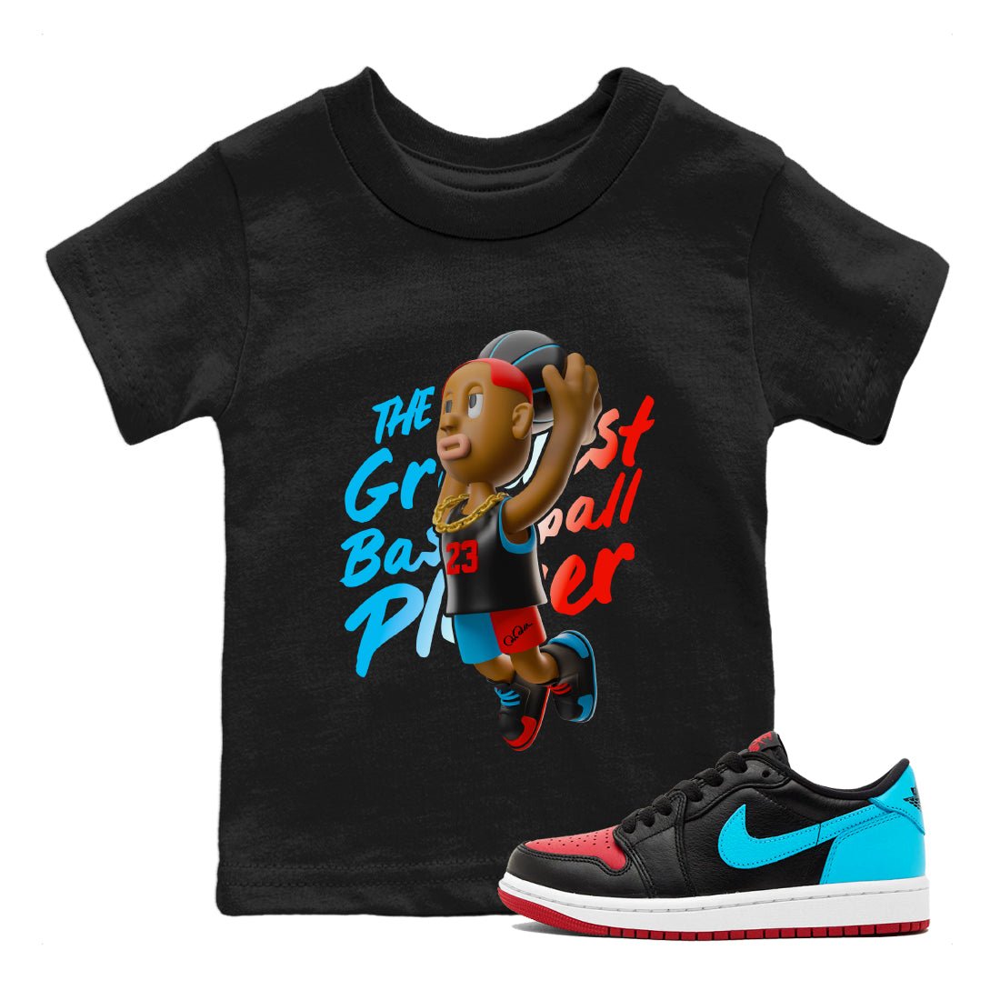 Air Jordan 1 UNC to Chicago Sneaker Match Tees Dunkshot Boy Sneaker Tees AJ1 UNC to Chicago Sneaker Release Tees Kids Shirts Black 1