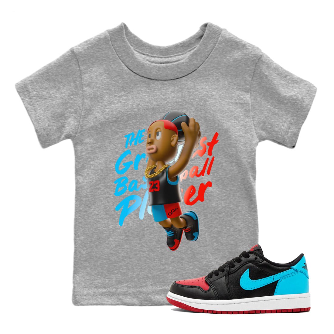 Air Jordan 1 UNC to Chicago Sneaker Match Tees Dunkshot Boy Sneaker Tees AJ1 UNC to Chicago Sneaker Release Tees Kids Shirts Heather Grey 1