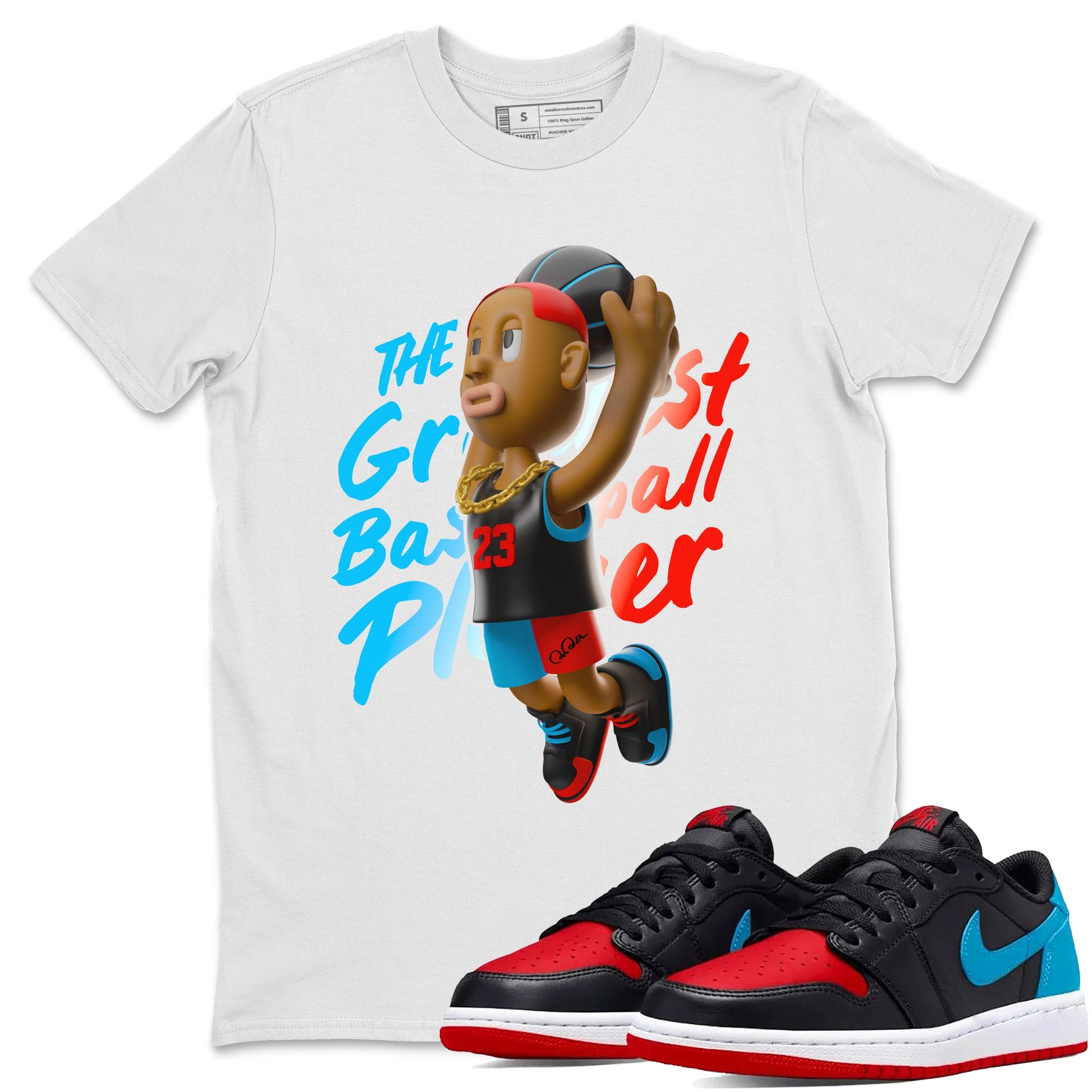 Air Jordan 1 UNC to Chicago Sneaker Match Tees Dunkshot Boy Sneaker Tees AJ1 UNC to Chicago Sneaker Release Tees Unisex Shirts White 1