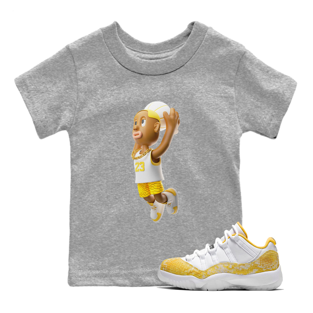 Air Jordan 11 Yellow Python Sneaker Match Tees Dunkshot Boy Sneaker Tees AJ11 Yellow Python Sneaker Release Tees Kids Shirts Heather Grey 1