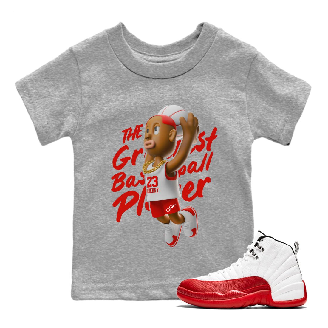 Air Jordan 12 Cherry Sneaker Match Tees Dunkshot Boy Sneaker Tees AJ12 Cherry Sneaker Release Tees Kids Shirts Heather Grey 1