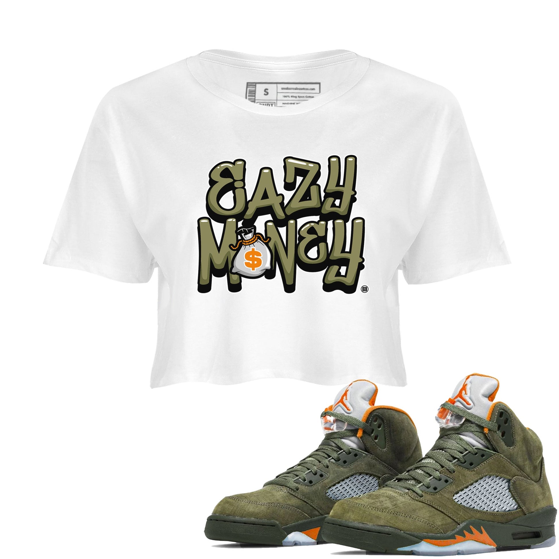 Air Jordan 5 Olive shirt to match jordans Easy Money sneaker match tee AJ5 Olive SNRT Sneaker Tees White 1 women's crop tee