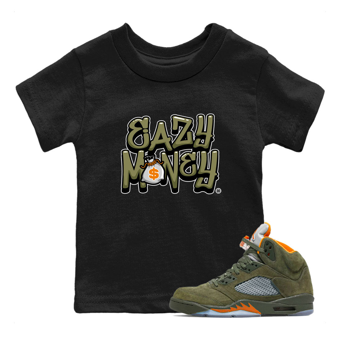 Air Jordan 5 Olive shirt to match jordans Easy Money sneaker match tee AJ5 Olive SNRT Sneaker Tees baby toddler Black 1 cotton Shirt