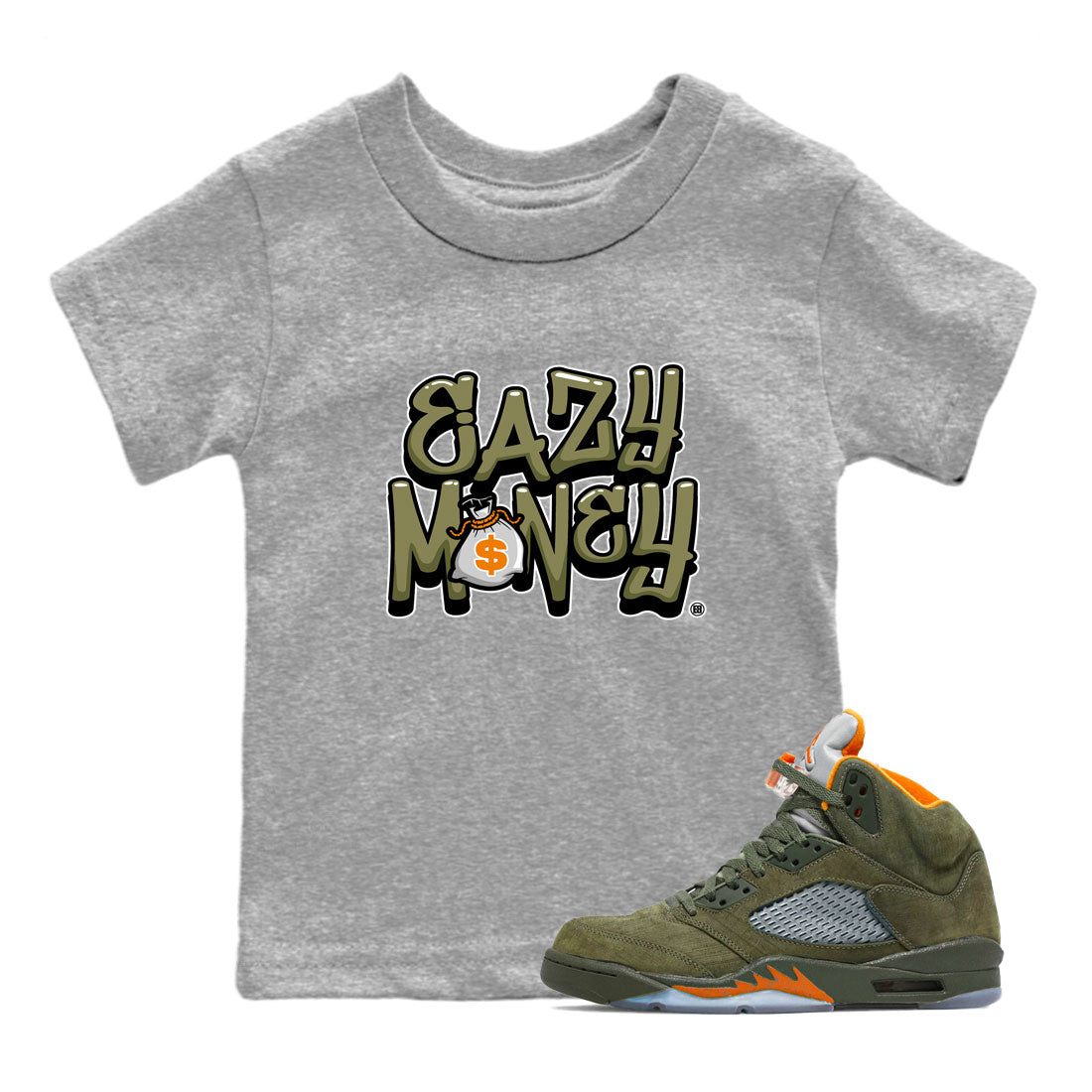 Air Jordan 5 Olive shirt to match jordans Easy Money sneaker match tee AJ5 Olive SNRT Sneaker Tees baby toddler Heather Grey 1 cotton Shirt