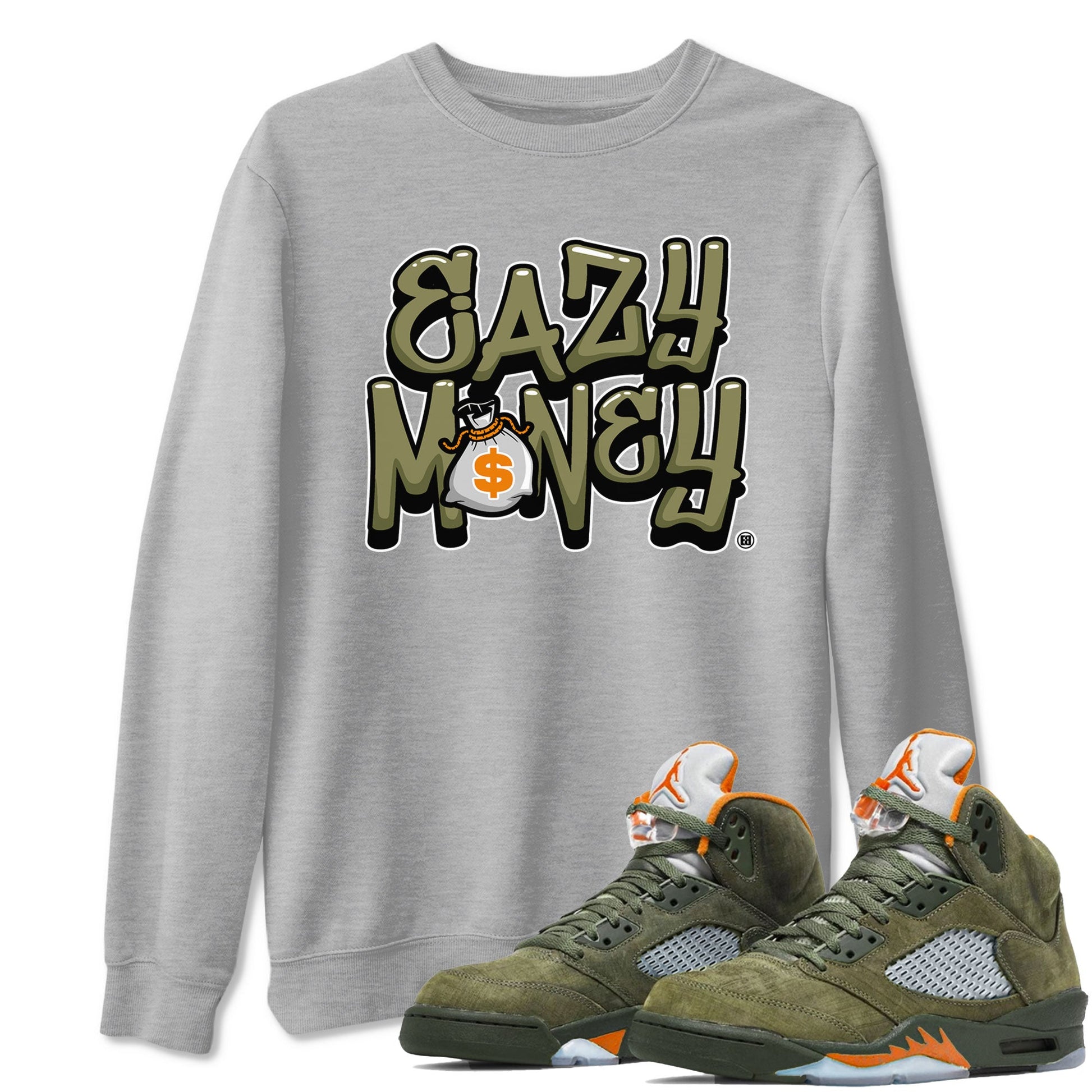 Air Jordan 5 Olive shirt to match jordans Easy Money sneaker match tee AJ5 Olive SNRT Sneaker Tees unisex cotton Heather Grey 1 crew neck shirt