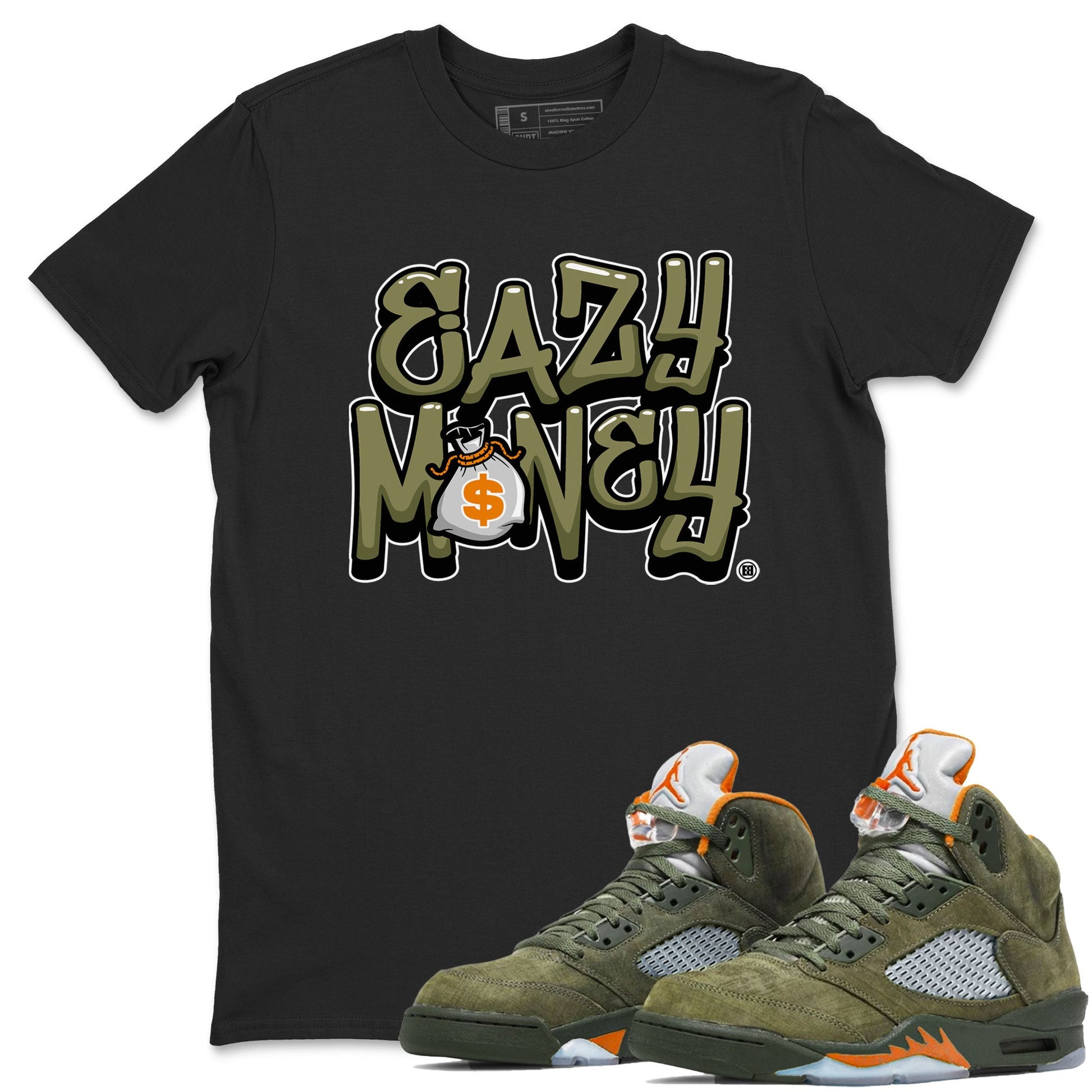 Air Jordan 5 Olive shirt to match jordans Easy Money sneaker match tee AJ5 Olive SNRT Sneaker Tees unisex cotton Black 1 crew neck shirt