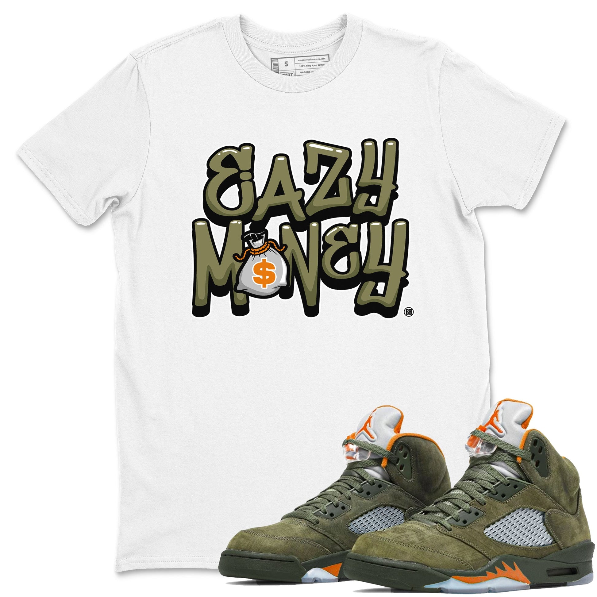 Air Jordan 5 Olive shirt to match jordans Easy Money sneaker match tee AJ5 Olive SNRT Sneaker Tees unisex cotton White 1 crew neck shirt