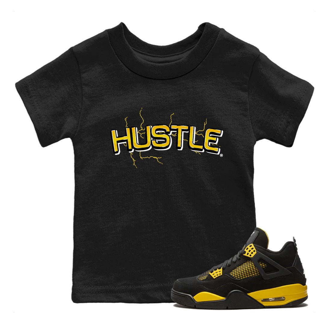 Air Jordan 4 Thunder Sneaker Match Tees Electric Hustle Sneaker Tees Air Jordan 4 Retro Thunder Sneaker Release Tees Kids Shirts Black 1