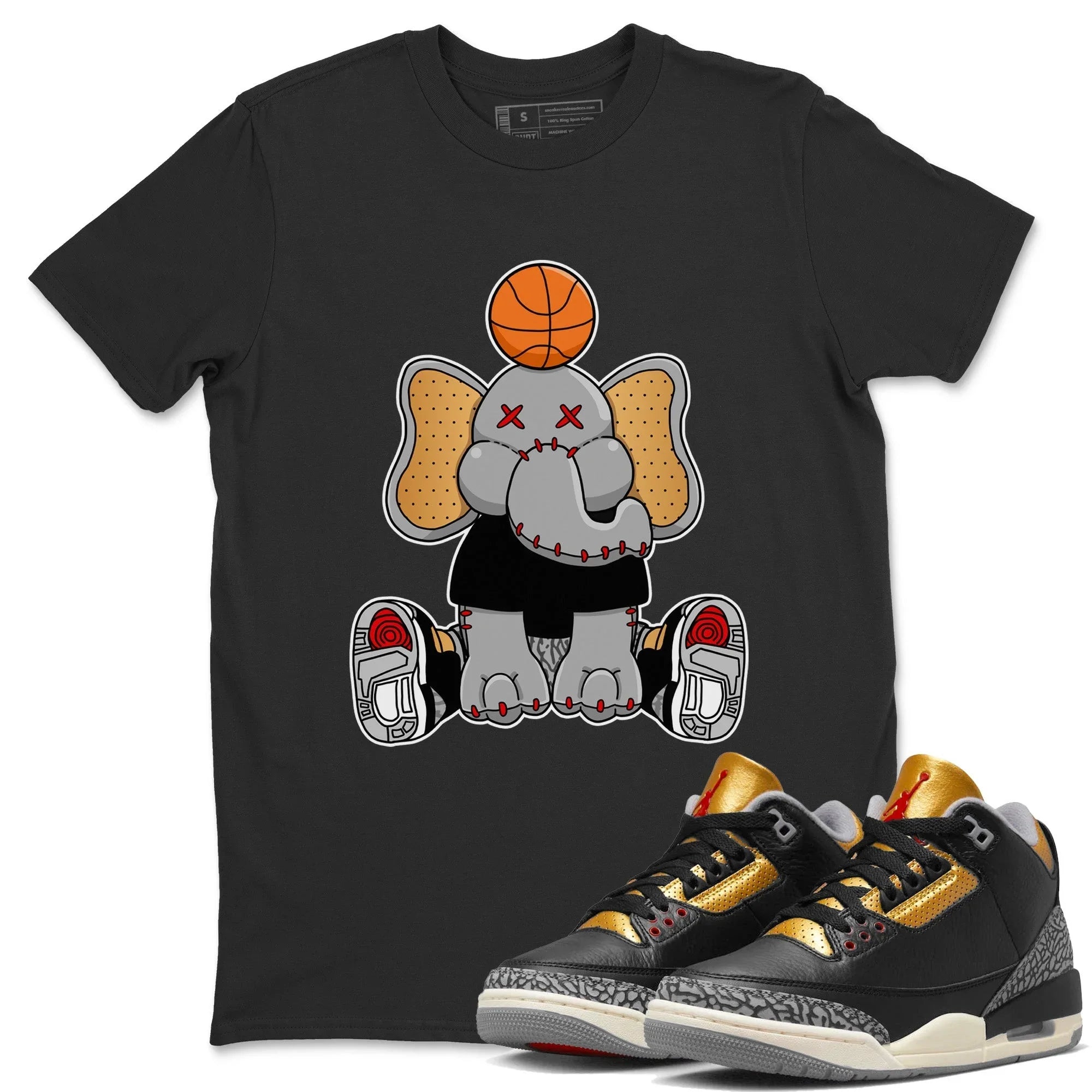 Jordan 3 Black Gold Sneaker Match Tees Elephant Doll Sneaker Tees Jordan 3 Black Gold Sneaker Release Tees Unisex Shirts