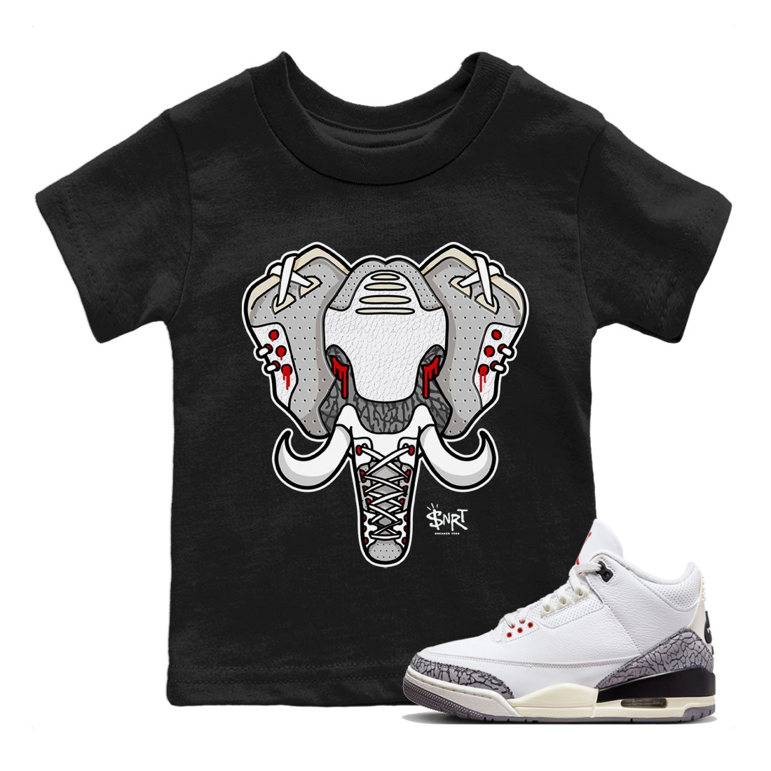 Air Jordan 3 White Cement Sneaker Match Tees Elephant Symbol Sneaker Tees Air Jordan 3 Retro White Cement Sneaker Release Tees Kids Shirts Black 1
