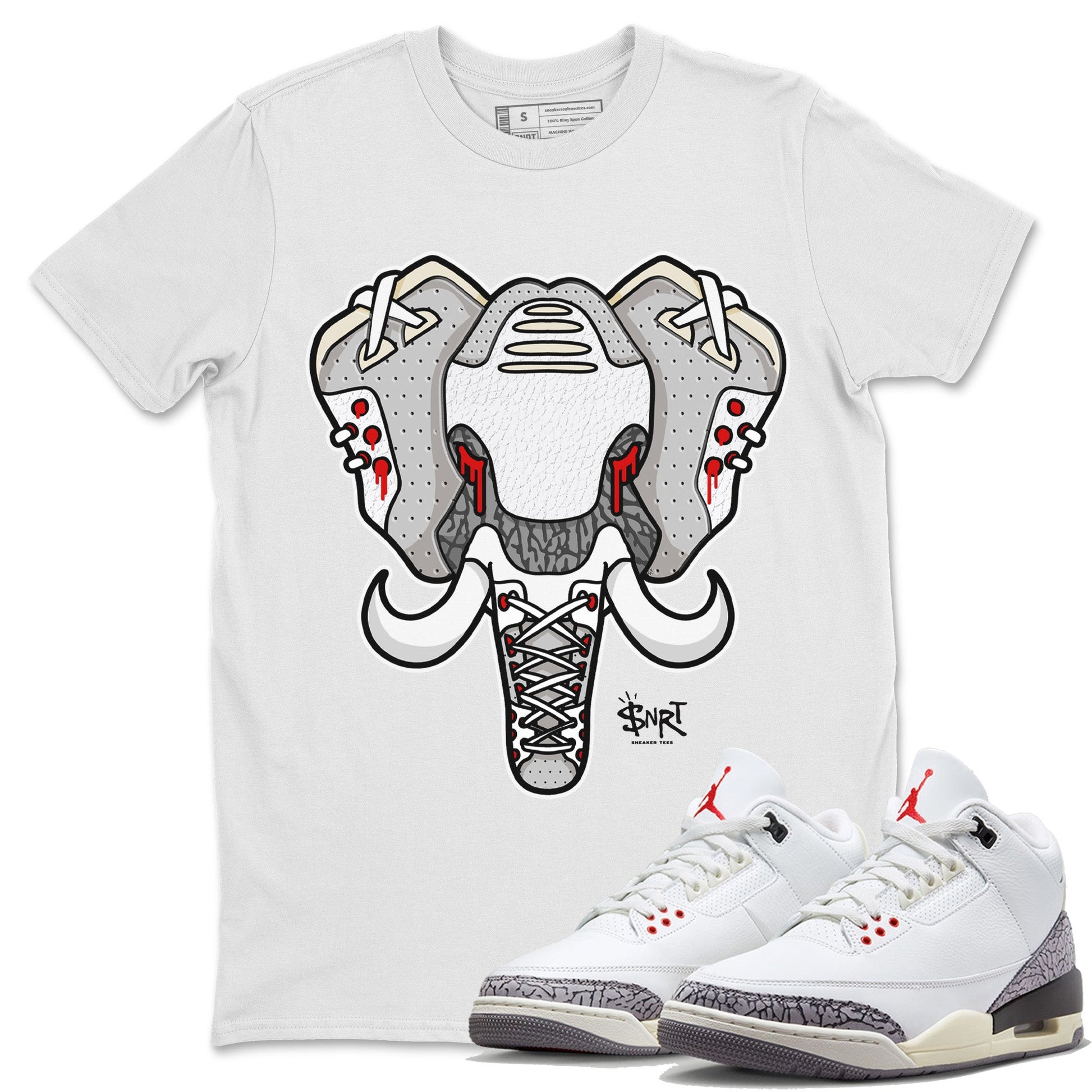 Air Jordan 3 White Cement Sneaker Match Tees Elephant Symbol Sneaker Tees Air Jordan 3 Retro White Cement Sneaker Release Tees Unisex Shirts White 1