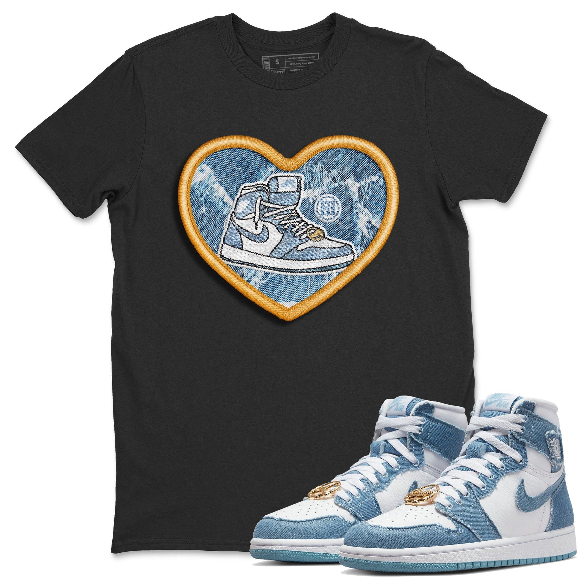 Jordan 1 Denim Sneaker Match Tees Embroidery Patch Sneaker Tees Jordan 1 Denim Sneaker Release Tees Unisex Shirts