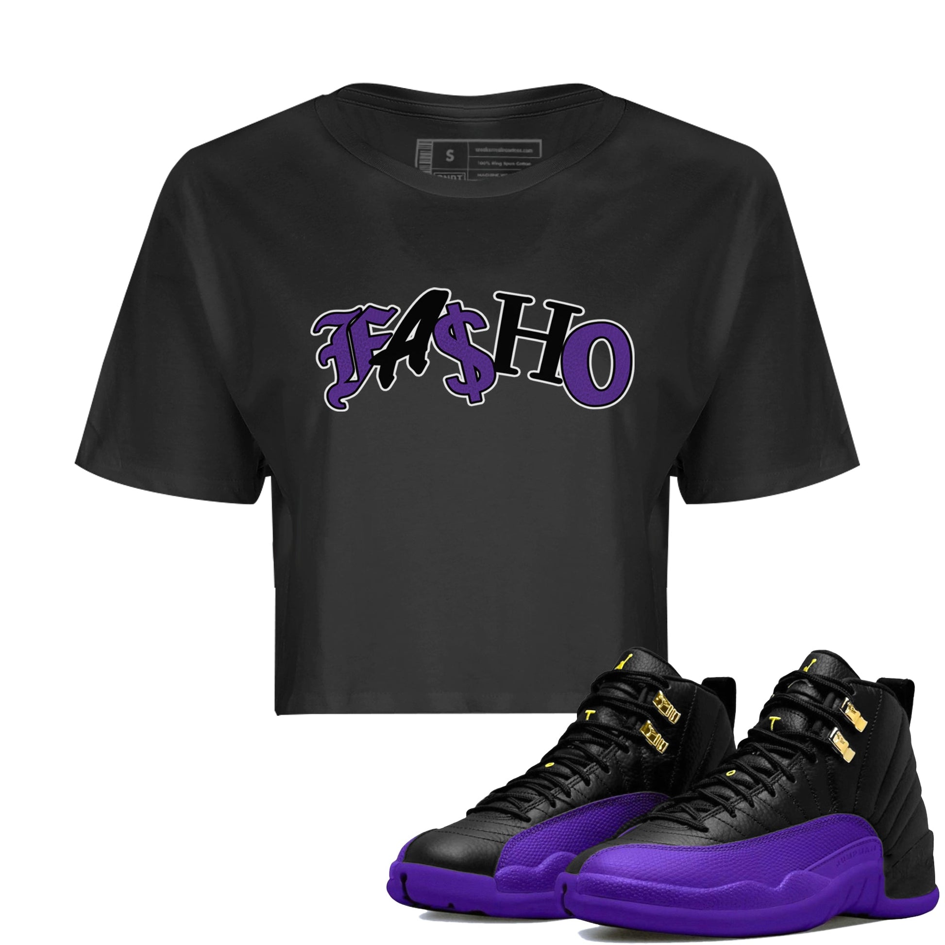 Air Jordan 12 Field Purple Sneaker Match Tees Fasho Sneaker Tees AJJordan 12 Lakers Sneaker Release Tees Women's Shirts Black 1