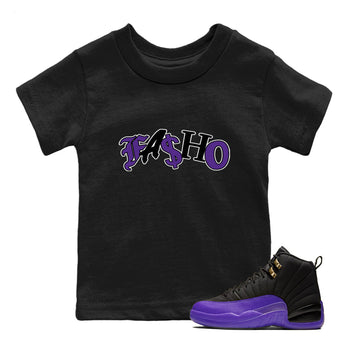 Air Jordan 12 Field Purple Sneaker Match Tees Fasho Sneaker Tees AJJordan 12 Lakers Sneaker Release Tees Kids Shirts Black 1