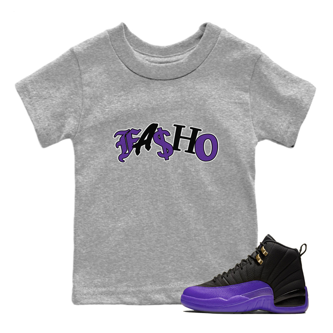 Air Jordan 12 Field Purple Sneaker Match Tees Fasho Sneaker Tees AJJordan 12 Lakers Sneaker Release Tees Kids Shirts Heather Grey 1