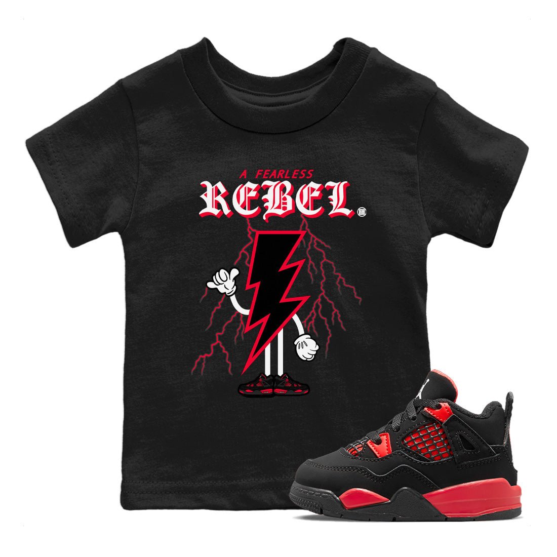 Air Jordan 4 Red Thunder Sneaker Match Tees Fearless Rebel Sneaker Tees Jordan 4 Retro Red Thunder Sneaker Release Tees Kids Shirts Black 1