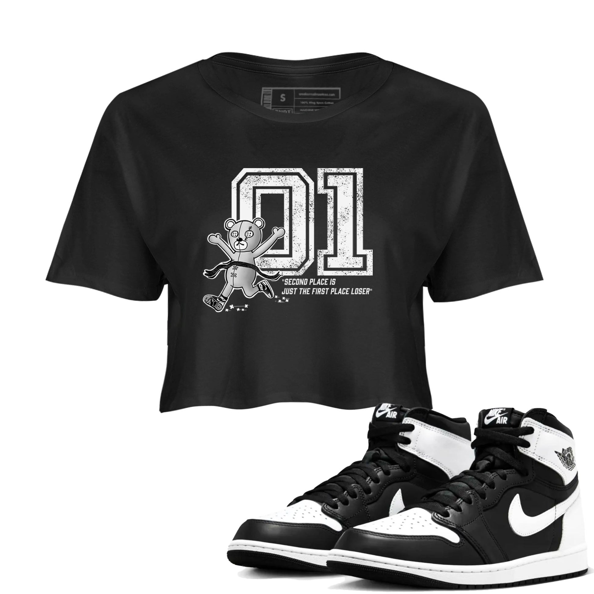 1s Black White shirt to match jordans First Place Winner sneaker tees Air Jordan 1 Black White SNRT Sneaker Release Tees Black 1 crop length shirt