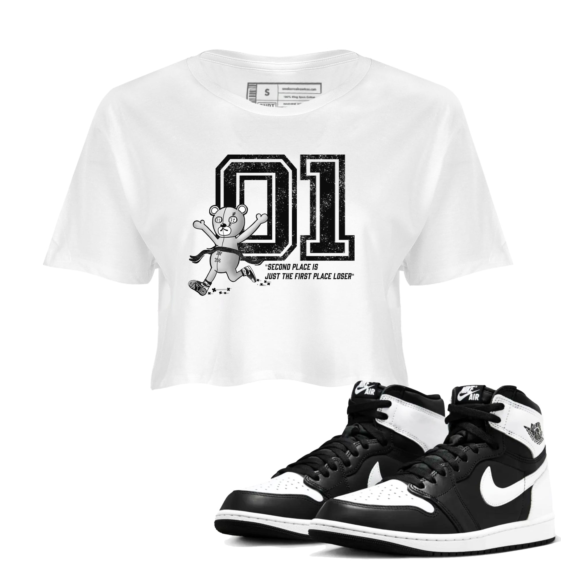 1s Black White shirt to match jordans First Place Winner sneaker tees Air Jordan 1 Black White SNRT Sneaker Release Tees White 1 crop length shirt