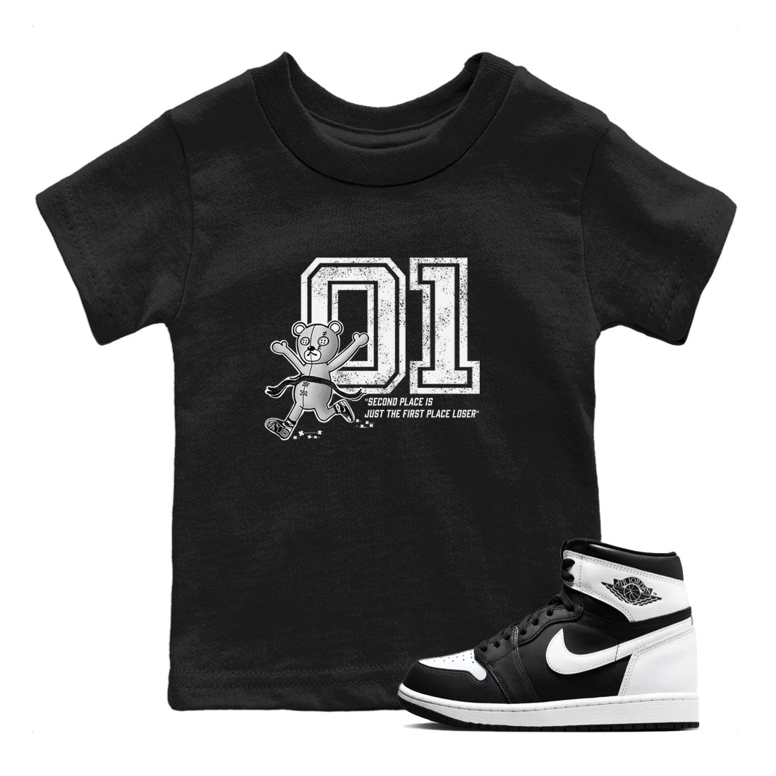 1s Black White shirt to match jordans First Place Winner sneaker tees Air Jordan 1 Retro Black White SNRT sneaker release tees baby toddler Black 1 cotton Shirt