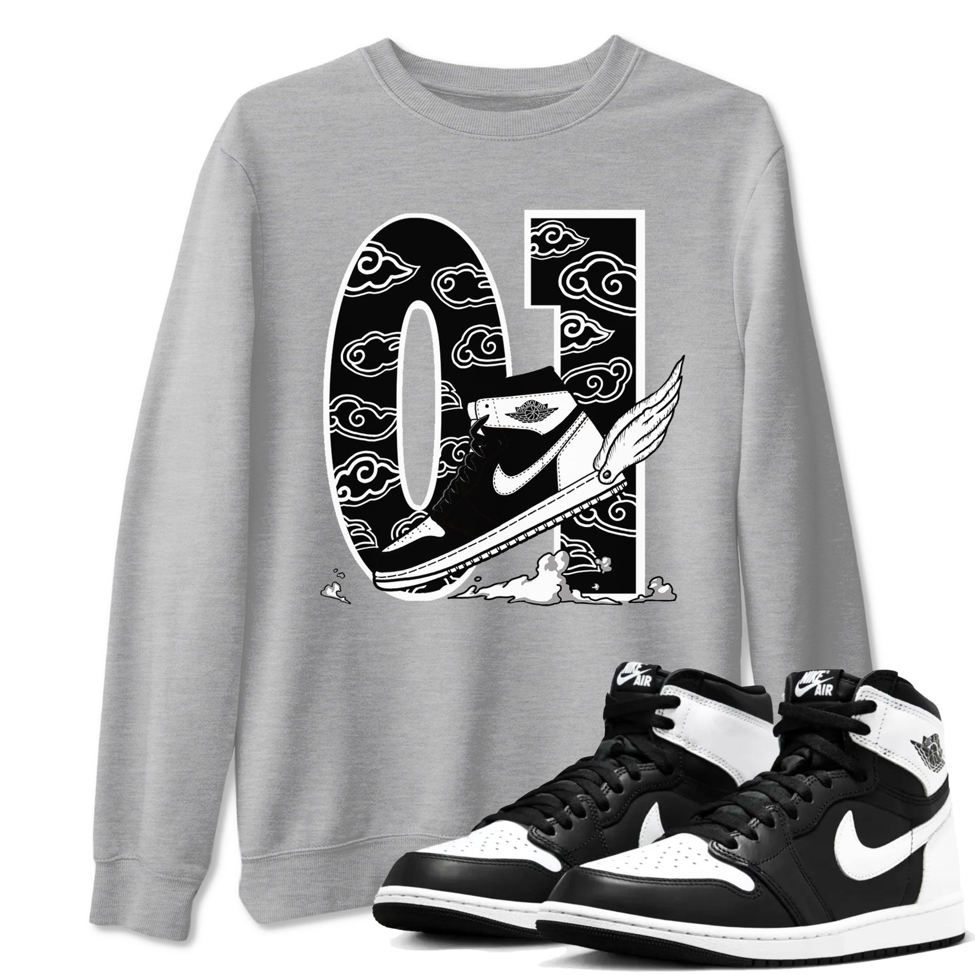 1s Black White shirt to match jordans Fly To The Clouds sneaker tees Air Jordan 1 Retro Black White SNRT sneaker Release Tees unisex cotton Heather Grey 1 crew neck shirt