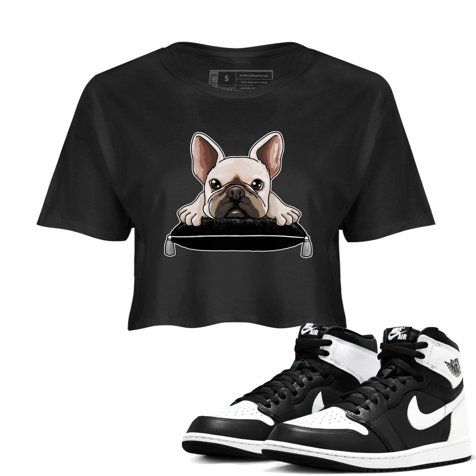 1s Black White shirt to match jordans French Bulldog sneaker tees Air Jordan 1 Black White SNRT Sneaker Release Tees Black 1 crop length shirt