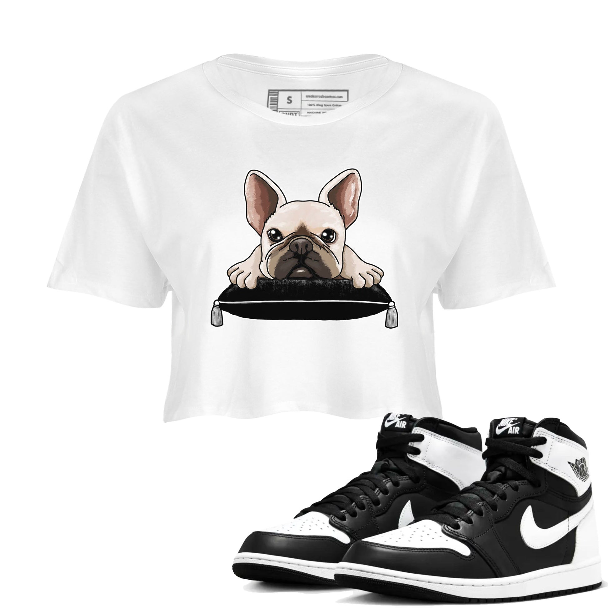 1s Black White shirt to match jordans French Bulldog sneaker tees Air Jordan 1 Black White SNRT Sneaker Release Tees White 1 crop length shirt