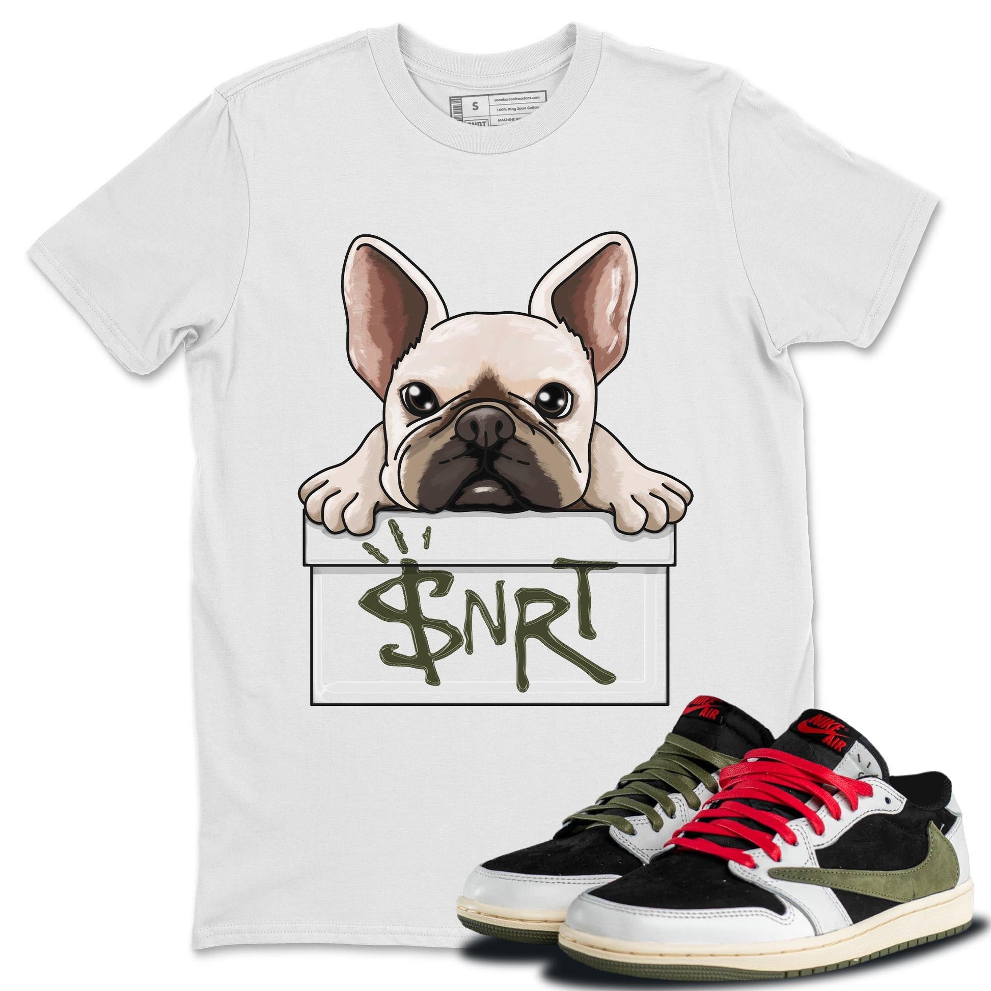 Air Jordan 1 Travis Scott Olive Sneaker Match Tees French Bulldog Sneaker Tees AJ1 Travis Scott Olive Sneaker Release Tees Unisex Shirts White 1