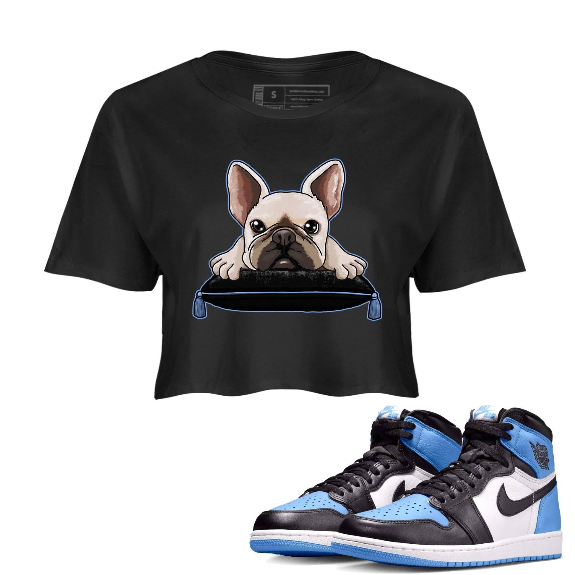 Air Jordan 1 Retro High OG University Blue shirt to match jordans French Bulldog sneaker tees Air Jordan 1 UNC Toe SNRT Sneaker Release Tees Black 1 Crop T-Shirt